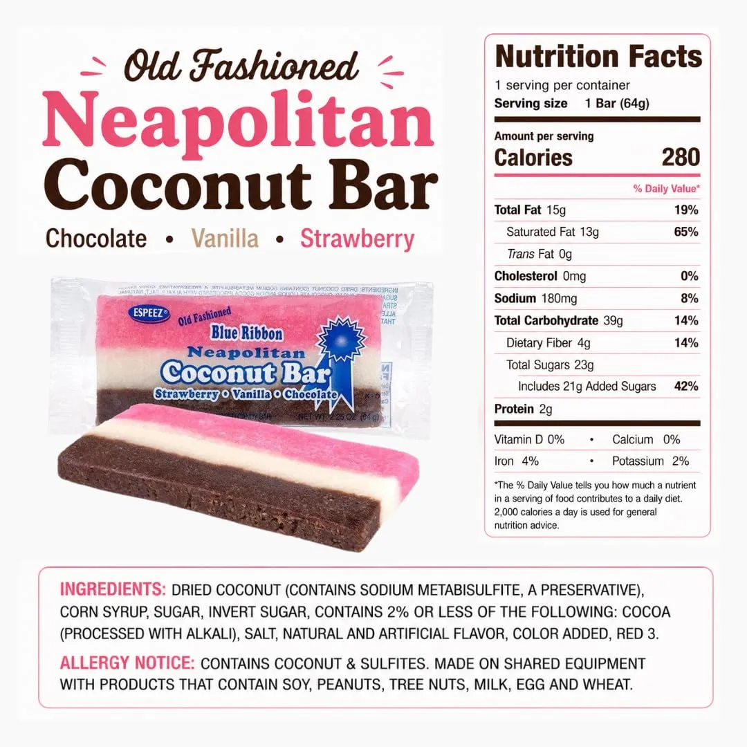 Old-Fashioned Neapolitan Coconut Slice Candy Bar - Pack of 3 - Chocolate, Strawberry & Vanilla - 2.25 oz. Bars