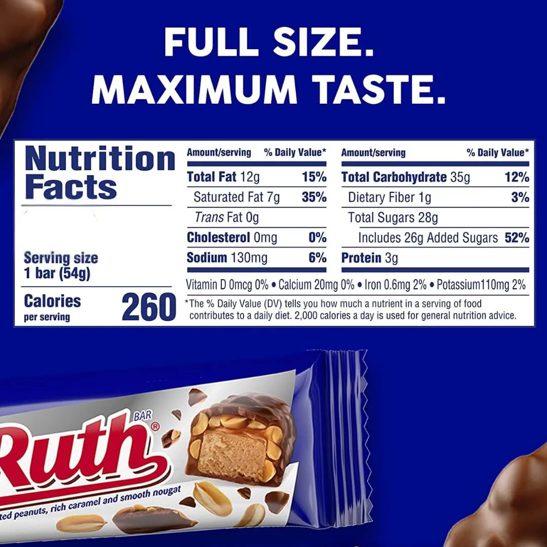 Bby Ruth - Pack of 3 - Milk Chocolate Covered Nougat With Caramel & Roasted Peanuts Candy Bar - 1.9 oz. Full Size