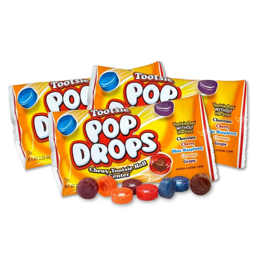 Pop Drops - Pack of 3 - Fruity Hard Candy Pieces With Chewy Filled Centers - 2.25 oz. Bags