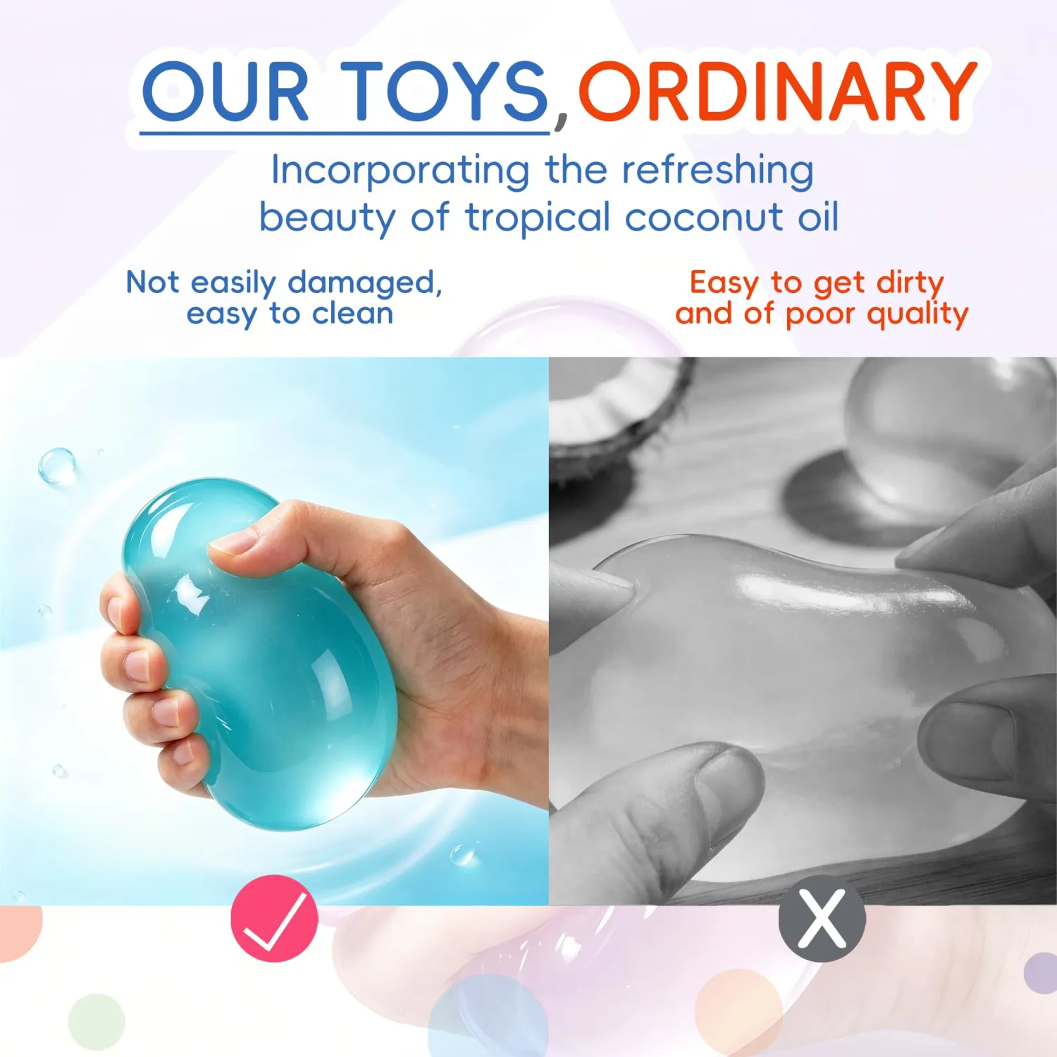 Coconut Oil Squishy Stress Ball, Shapeable No Rebound Squishy Coconut Oil Sensory Fidget Toy for Adults, Anxiety Relief Calming Desk Decor, Portable Gift（Blue）