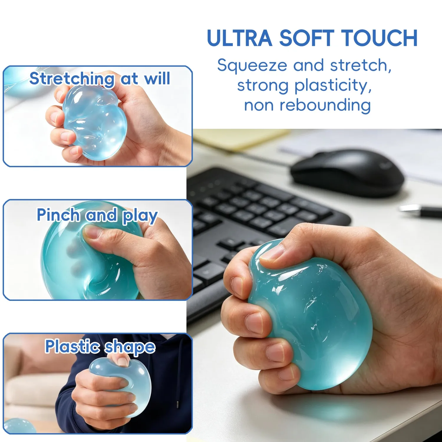 Coconut Oil Squishy Stress Ball, Shapeable No Rebound Squishy Coconut Oil Sensory Fidget Toy for Adults, Anxiety Relief Calming Desk Decor, Portable Gift（Blue）