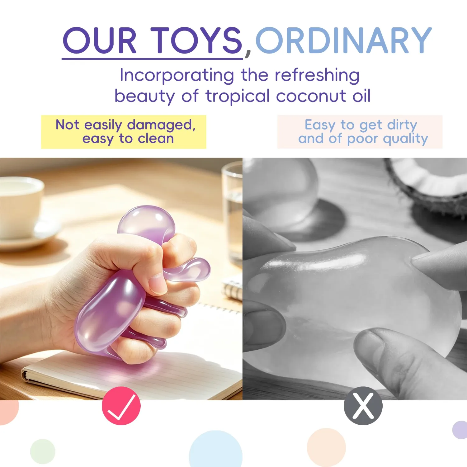 Coconut Oil Squishy Stress Ball, Shapeable No Rebound Squishy Coconut Oil Sensory Fidget Toy for Adults, Anxiety Relief Calming Desk Decor, Portable Gift(Purple)