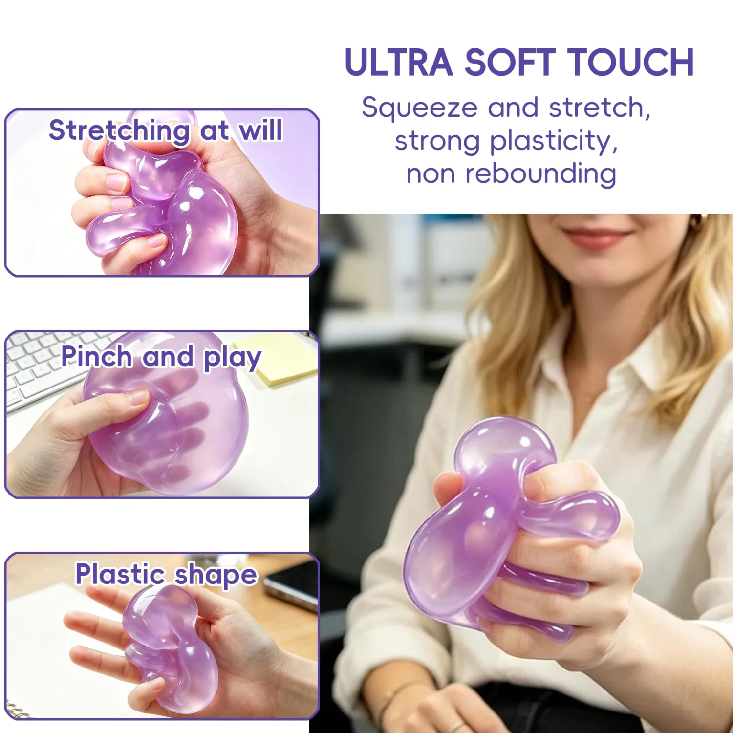 Coconut Oil Squishy Stress Ball, Shapeable No Rebound Squishy Coconut Oil Sensory Fidget Toy for Adults, Anxiety Relief Calming Desk Decor, Portable Gift(Purple)