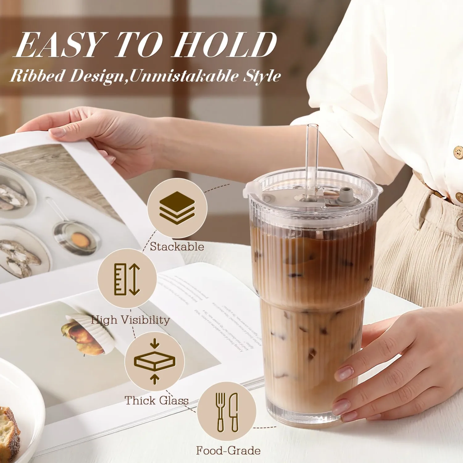 Iced Coffee Cups with Lids,Glass Cups with Lids and Straws,2 Coffee Tumbler