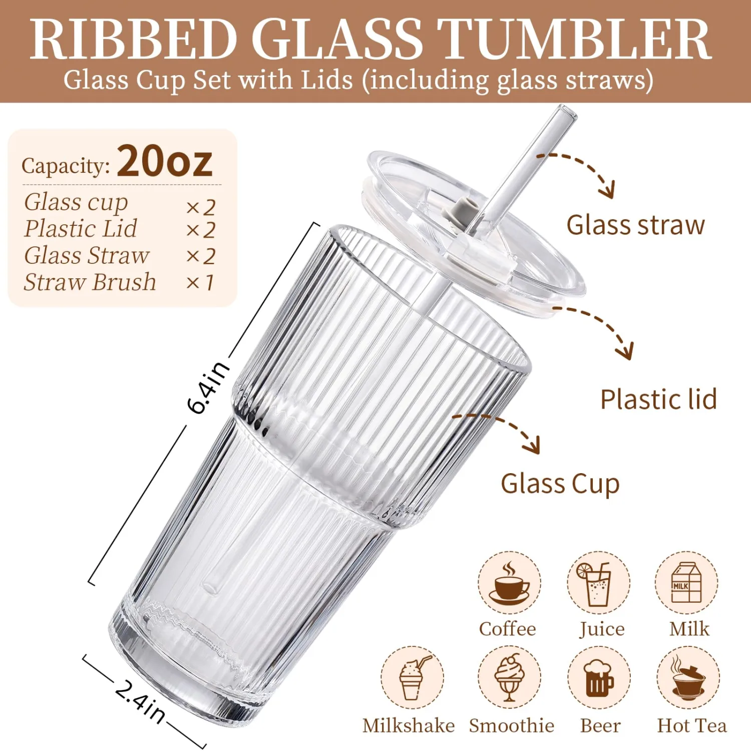 Iced Coffee Cups with Lids,Glass Cups with Lids and Straws,2 Coffee Tumbler