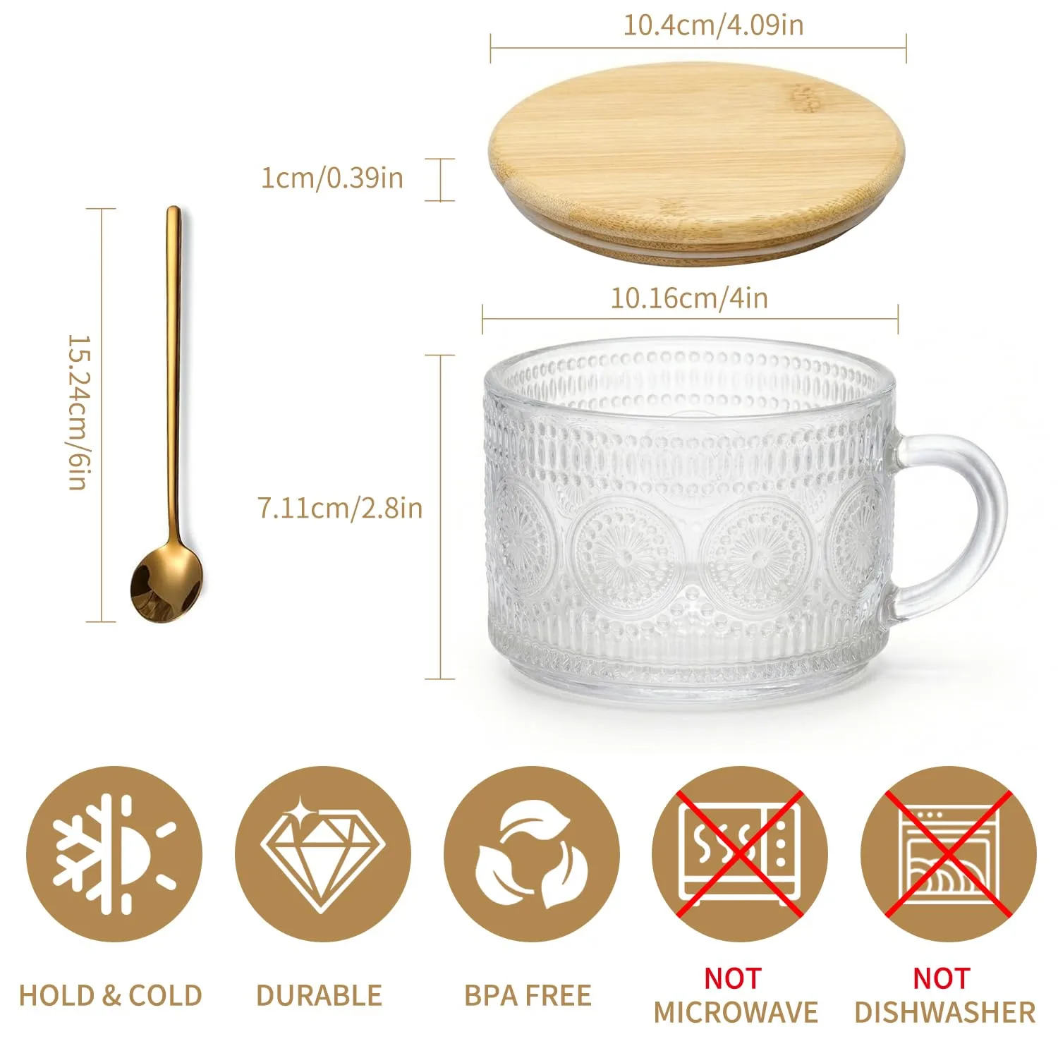 DOPUDO Vintage Glass Coffee Mugs, Overnight Oats Containers With Lids,Glass Cup With Sealed Lid and Spoon,Glass Coffee Mugs, Coffee Bar Accessories, Ideal for Cappuccino, Latte(2-Pack,14oz)