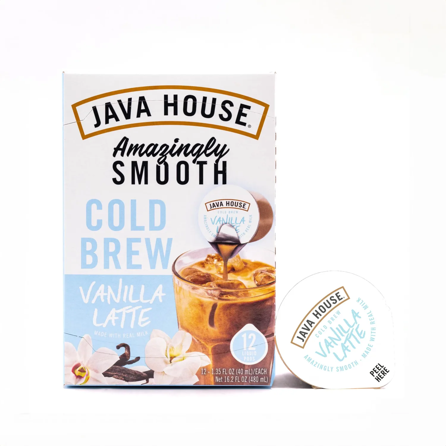 JAVA HOUSE French Vanilla Latte Cold Brew Coffee Pods, (12 Count) Peel and Pour Pods Hot or Iced