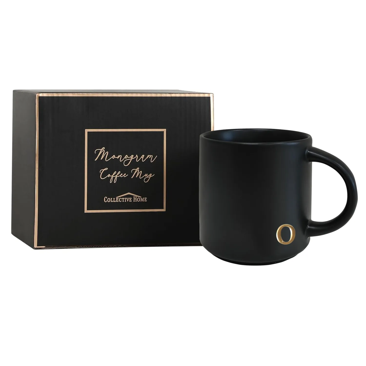 COLLECTIVE HOME Black Ceramic Coffee Mug, 15 oz Golden Monogram Tea Cup (o)