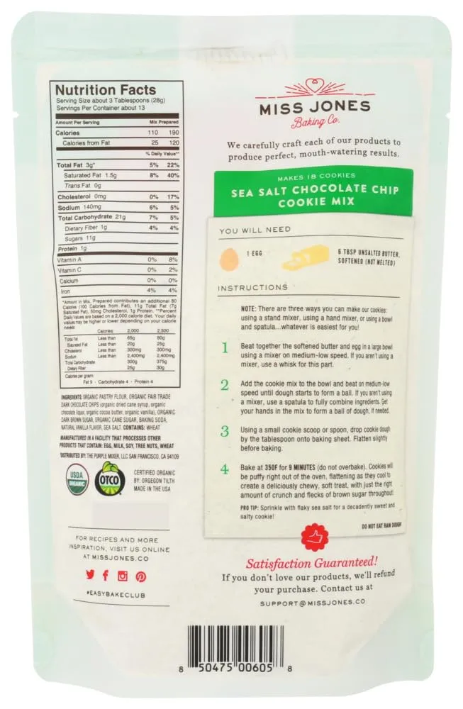 MISS JONES BAKING CO Organic Chocolate Chip Cookie Mix, 13 OZ