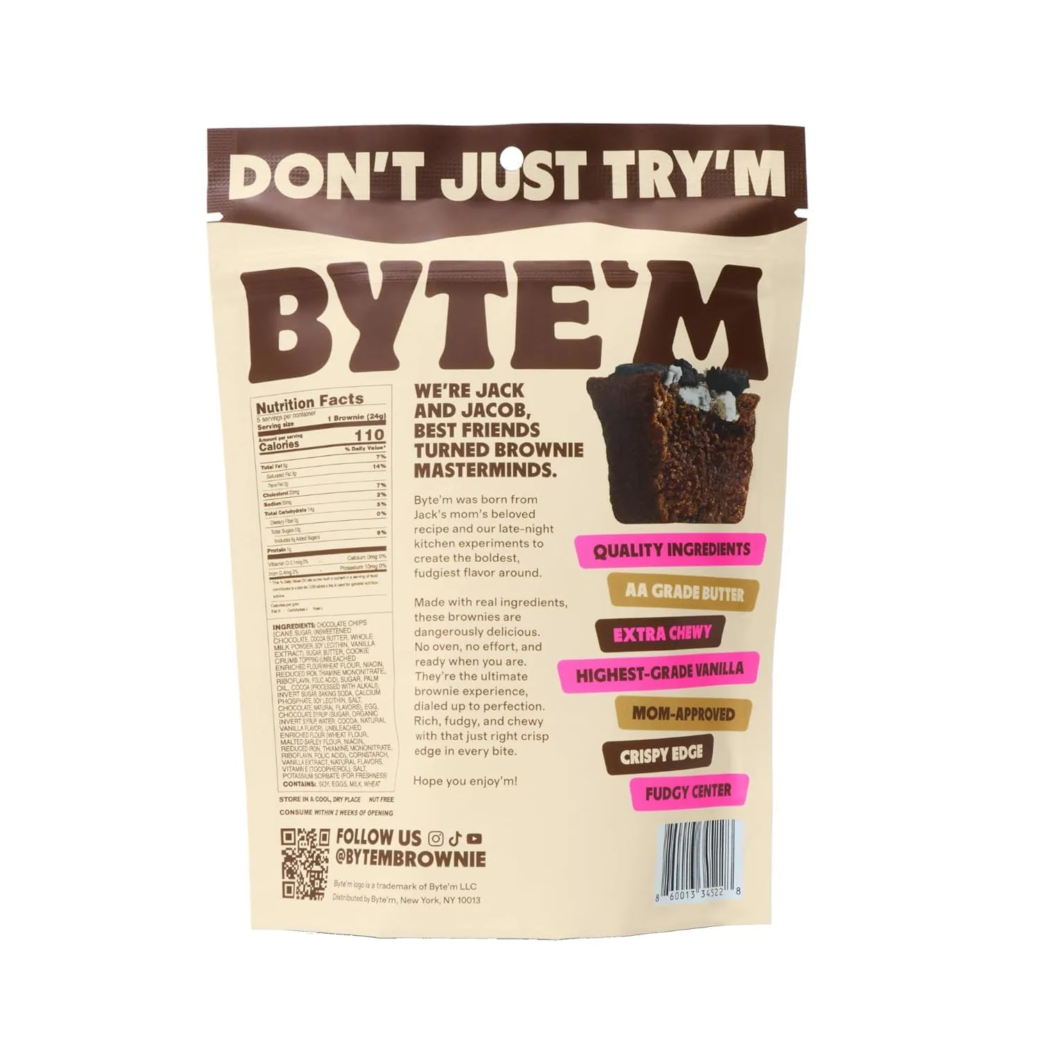 Byte'm Brownie Bites - Cookies and Cream - Fudge-Flavored Chewy Mini Brownies with Cruncy Cookies - Soft-Baked Snacks - Made with Real Natural Ingredients - Delicious Small Batch Sweet Treats - 5oz (3 Pack)