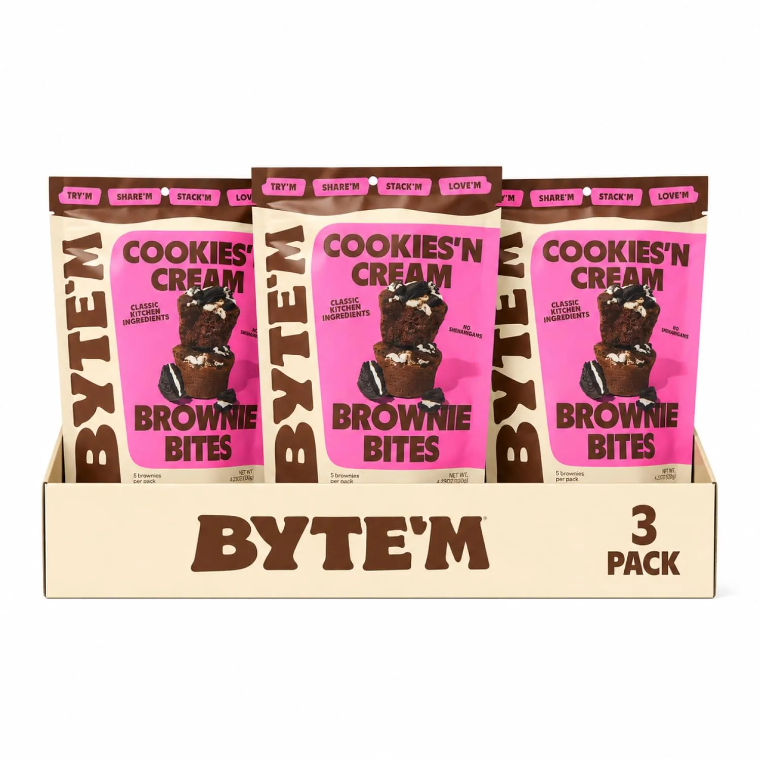 Byte'm Brownie Bites - Cookies and Cream - Fudge-Flavored Chewy Mini Brownies with Cruncy Cookies - Soft-Baked Snacks - Made with Real Natural Ingredients - Delicious Small Batch Sweet Treats - 5oz (3 Pack)