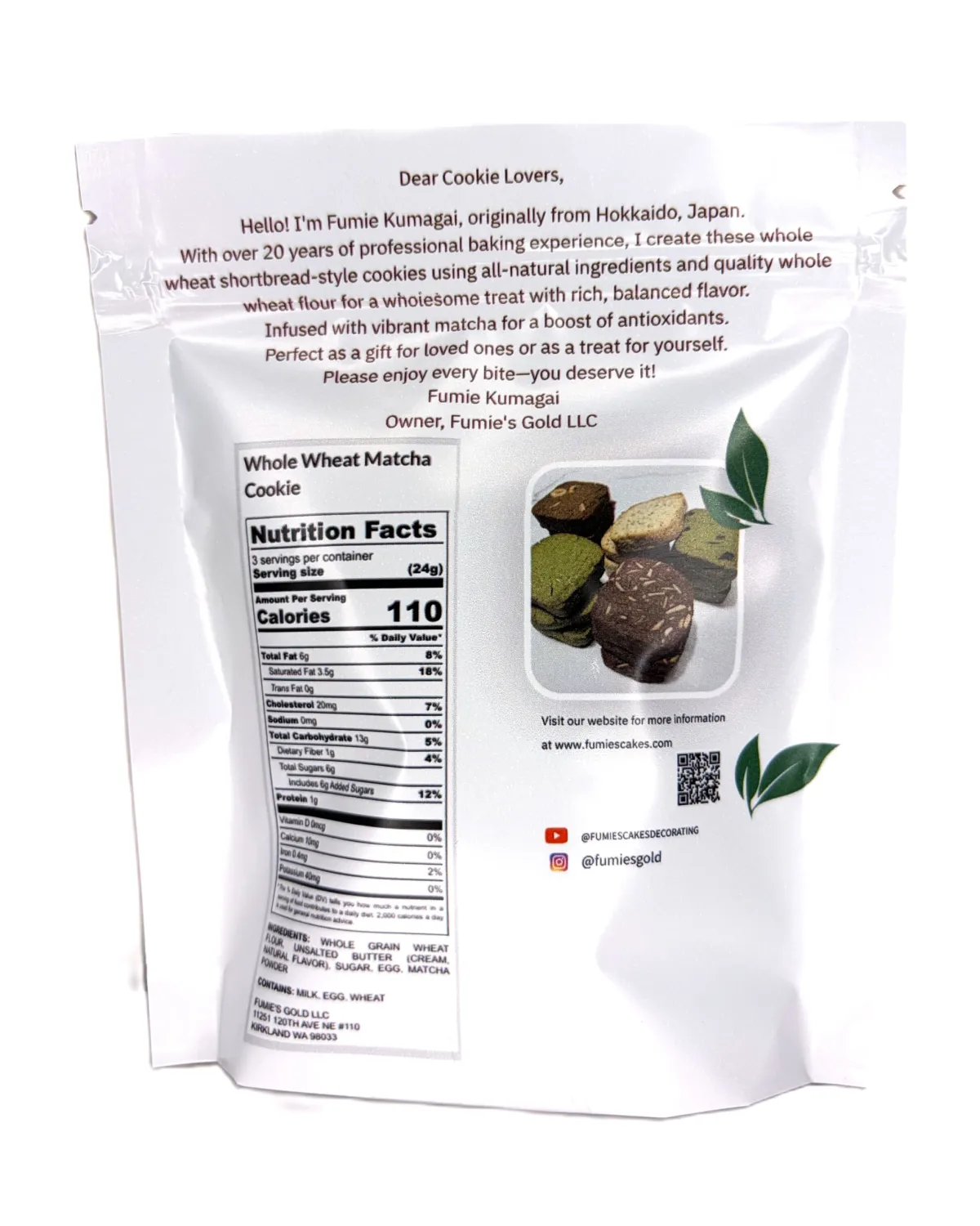 Fumie's Cakes Matcha Whole Wheat Cookie Tasting Size 73g,All natural ingredients,Japanese style cookie