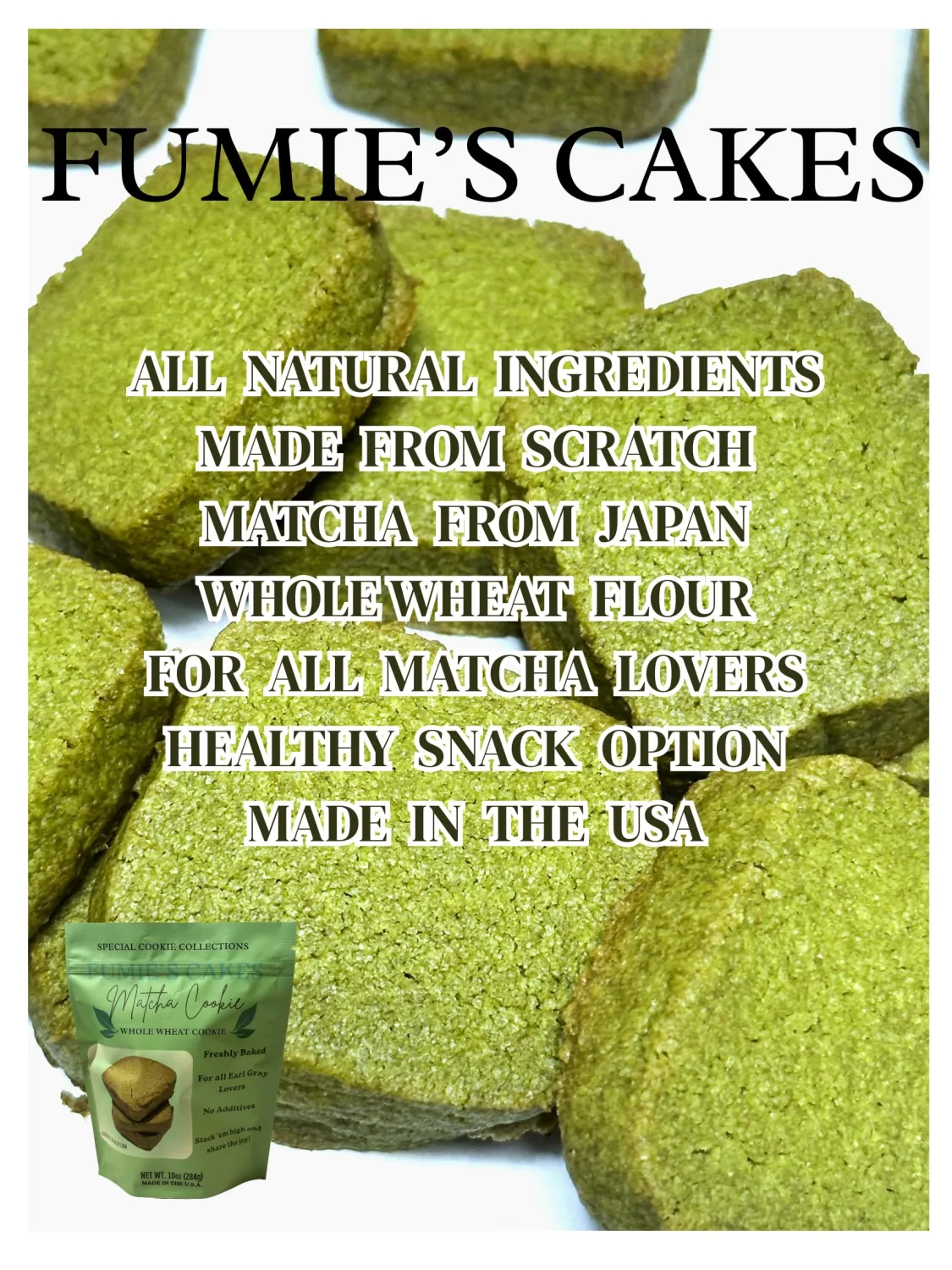 Fumie's Cakes Matcha Whole Wheat Cookie Tasting Size 73g,All natural ingredients,Japanese style cookie