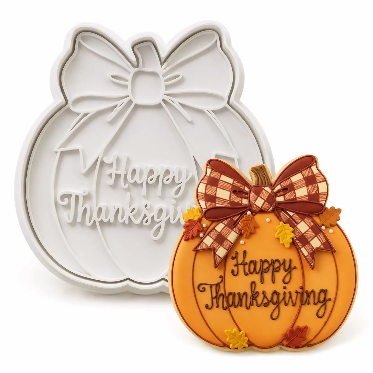 Thanksgiving Cookie Cutters Pumpkin Bow Fall Shapes 3D Printed PLA Fondant Cutter with Embosser Stamp 3.5 Inch Autumn Harvest Holiday Baking Mold for Decorating Party Favors