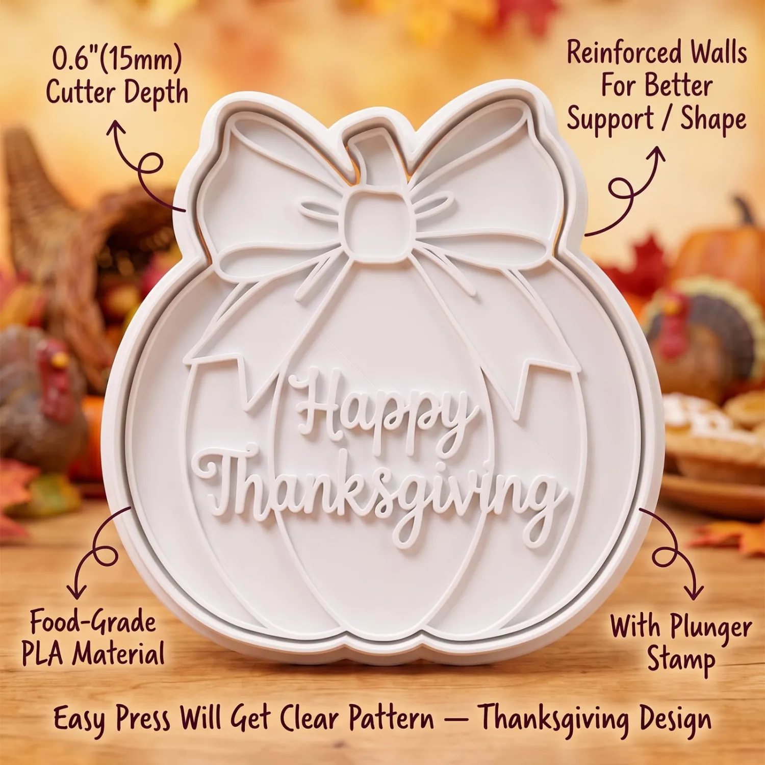 Thanksgiving Cookie Cutters Pumpkin Bow Fall Shapes 3D Printed PLA Fondant Cutter with Embosser Stamp 3.5 Inch Autumn Harvest Holiday Baking Mold for Decorating Party Favors