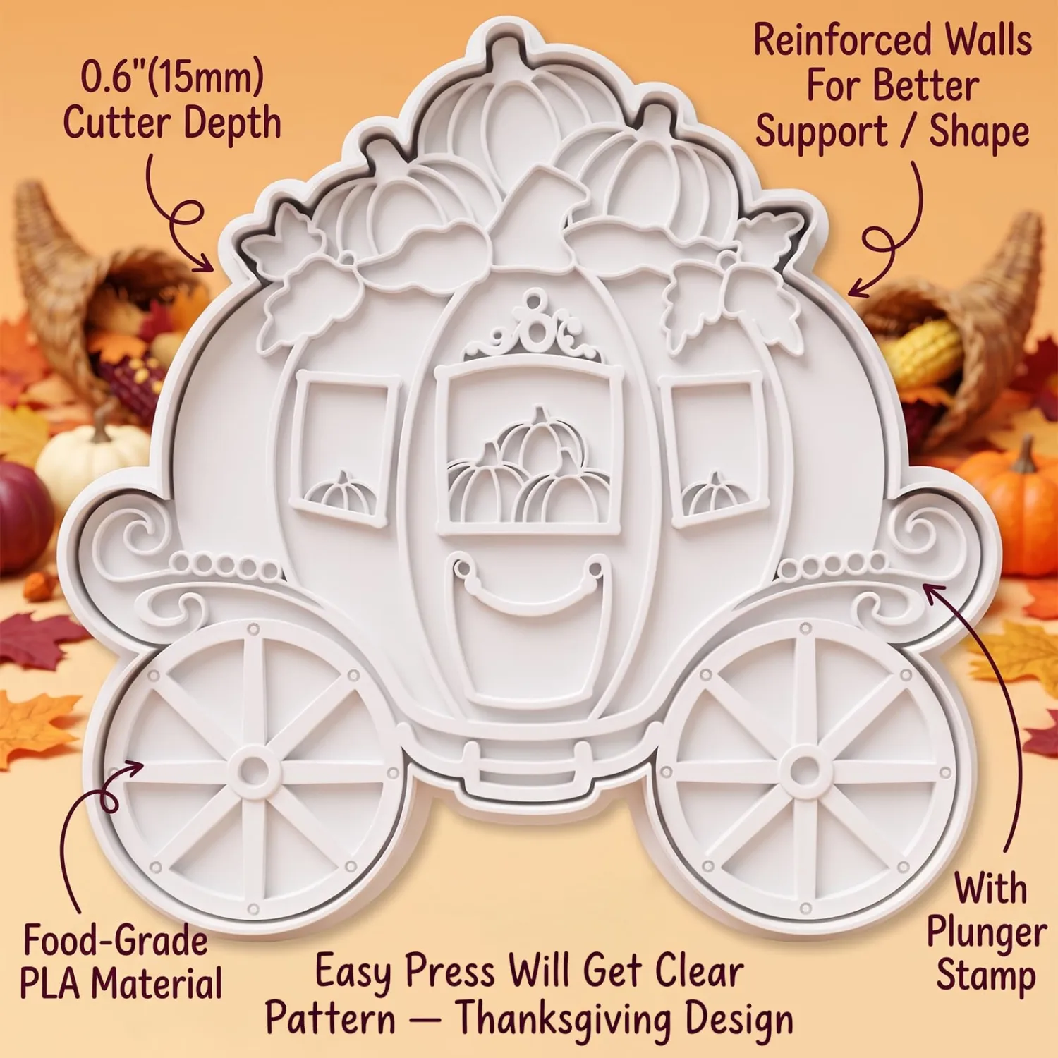 Thanksgiving Cookie Cutters Carriage Pumpkin Fall Shapes 3D Printed PLA Fondant Cutter with Embosser Stamp 4 Inch Autumn Harvest Holiday Baking Mold for Decorating Party Favors