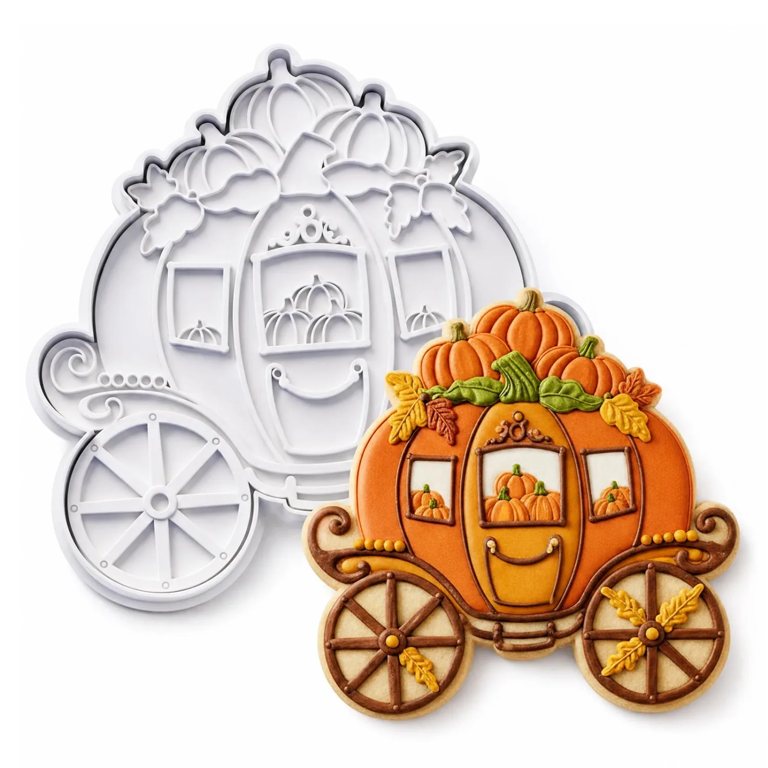 Thanksgiving Cookie Cutters Carriage Pumpkin Fall Shapes 3D Printed PLA Fondant Cutter with Embosser Stamp 4 Inch Autumn Harvest Holiday Baking Mold for Decorating Party Favors