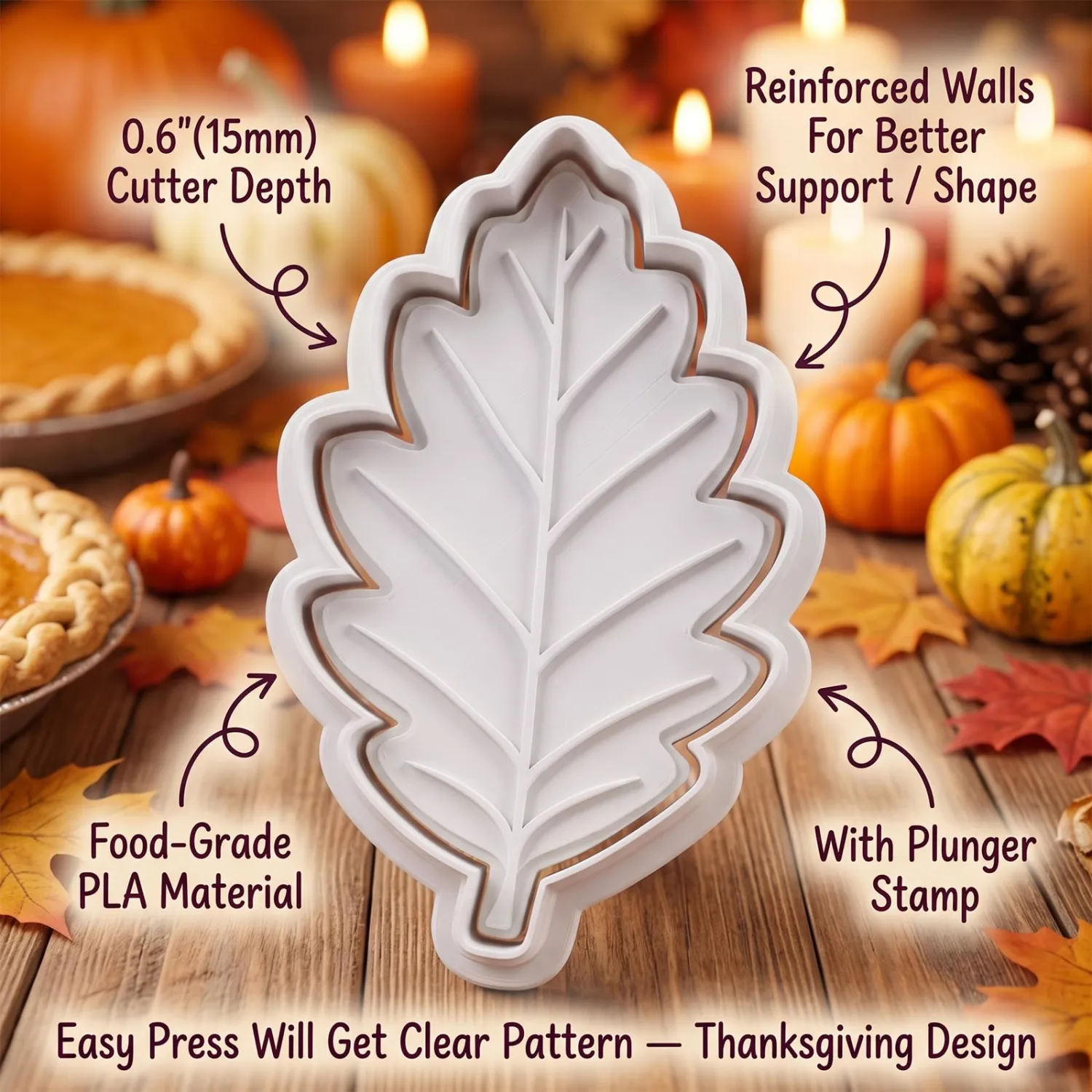 Thanksgiving Cookie Cutters Elm Leaves Fall Shapes 3D Printed PLA Fondant Cutter with Embosser Stamp 4 Inch Autumn Harvest Holiday Baking Mold for Decorating Party Favors