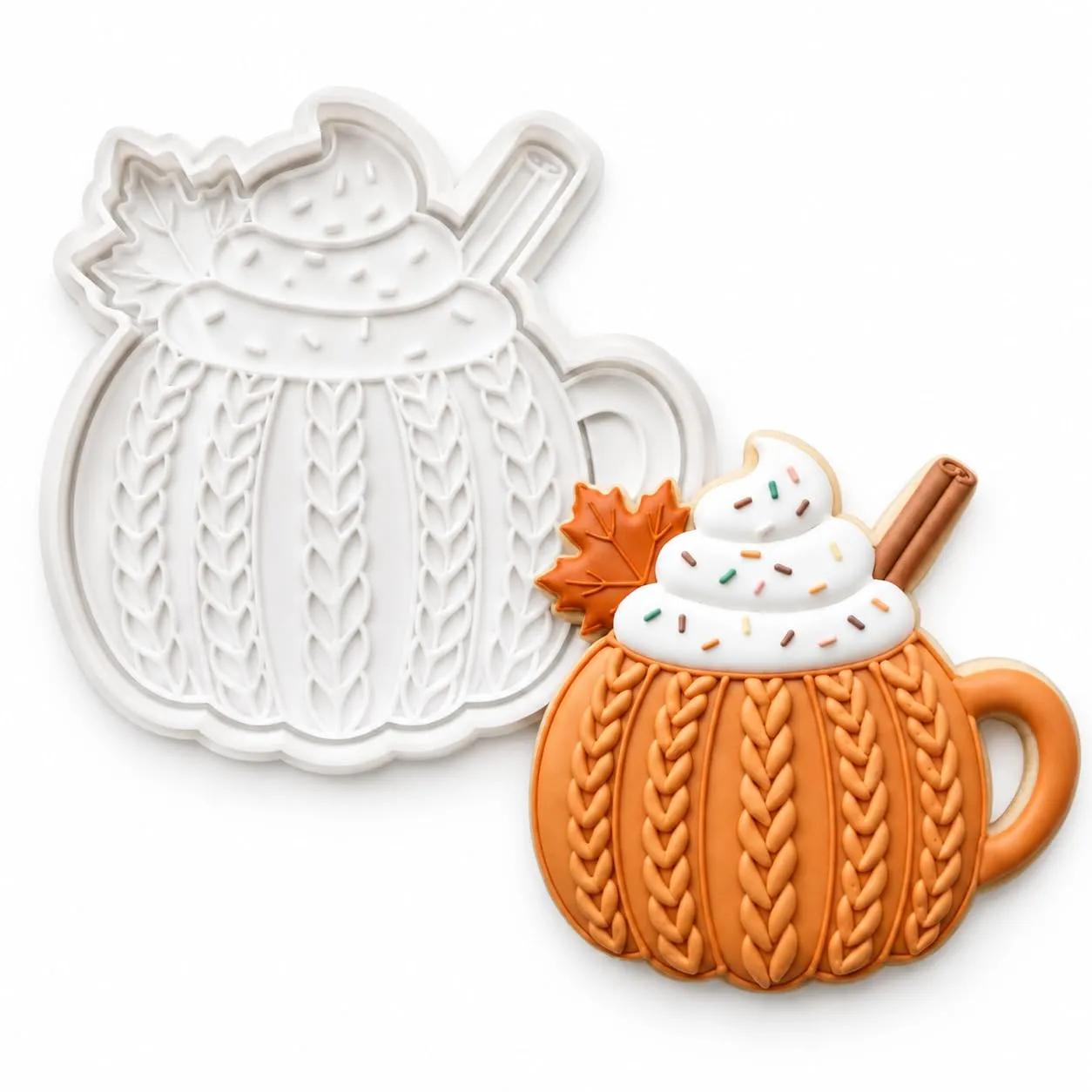 Thanksgiving Pumpkin Mug Cookie Cutter Embosser with Cable Knit Detail - 3"