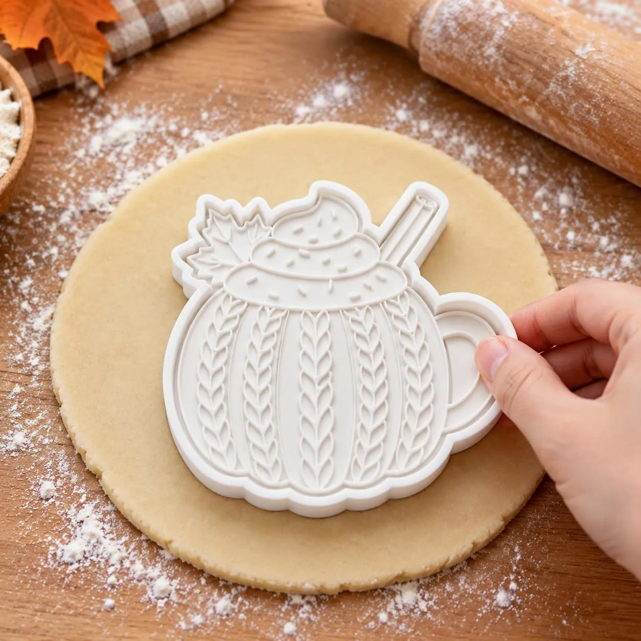 Thanksgiving Pumpkin Mug Cookie Cutter Embosser with Cable Knit Detail - 3"