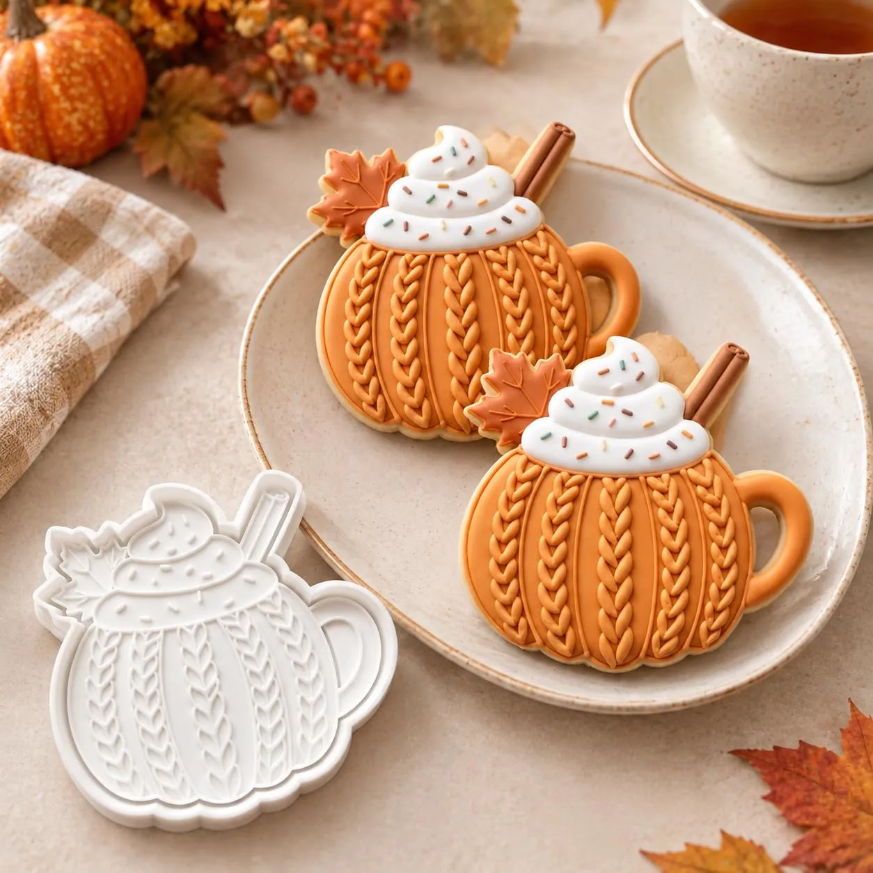 Thanksgiving Pumpkin Mug Cookie Cutter Embosser with Cable Knit Detail - 3"