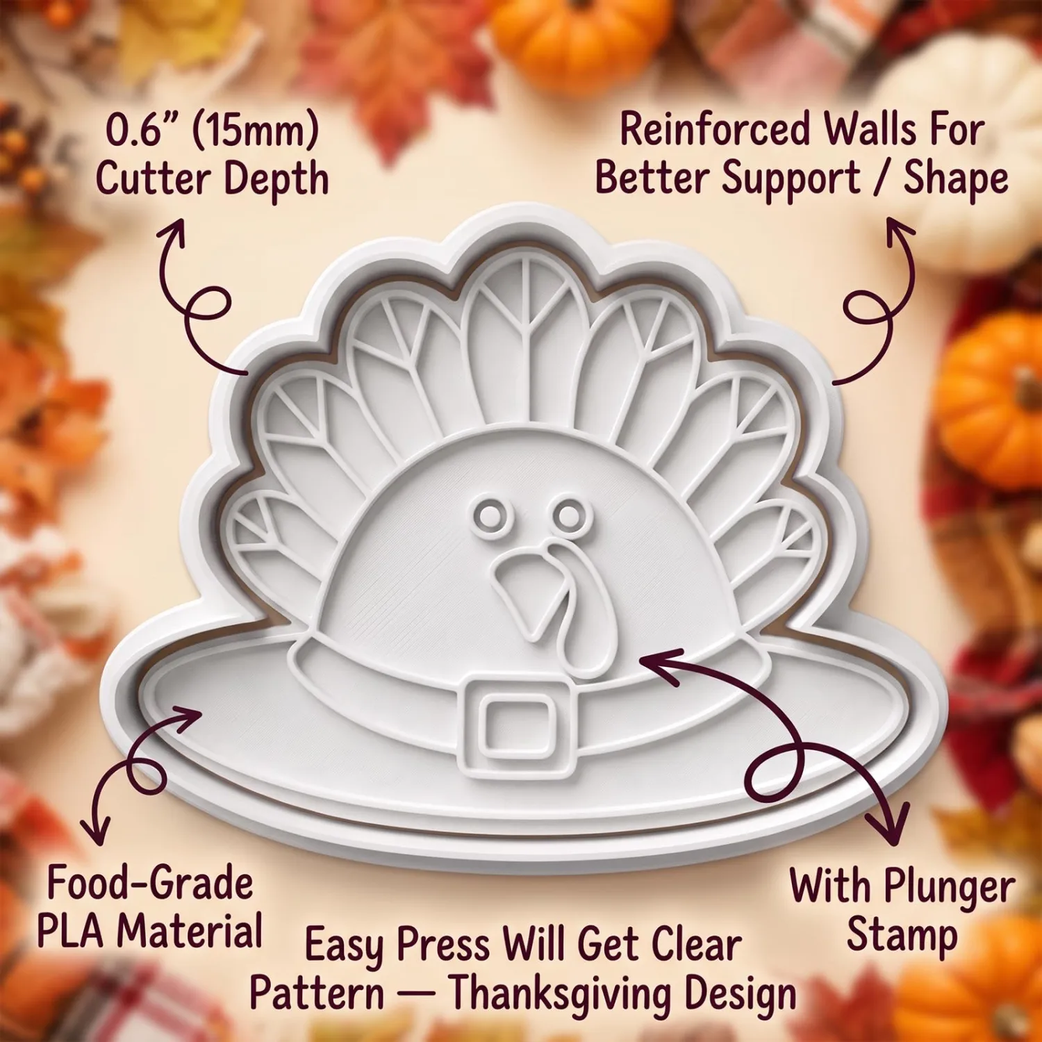 Thanksgiving Cookie Cutters Hat Turkey Fall Shapes 3D Printed PLA Fondant Cutter with Embosser Stamp 3.5 Inch Autumn Harvest Holiday Baking Mold for Decorating Party Favors