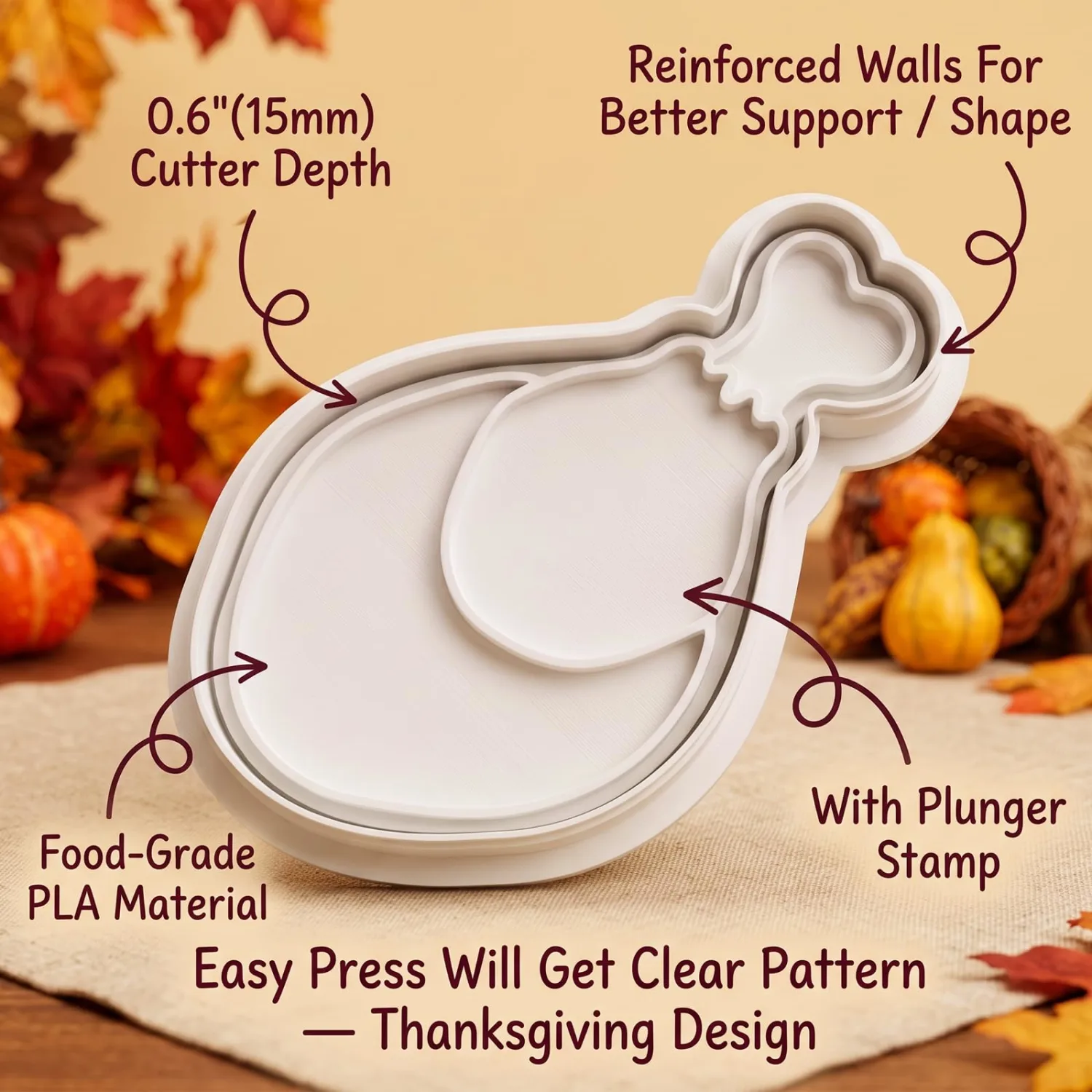 Thanksgiving Cookie Cutters Turkey Fall Leg Shapes 3D Printed PLA Fondant Cutter with Embosser Stamp 3 Inch Autumn Harvest Holiday Baking Mold for Decorating Party Favors