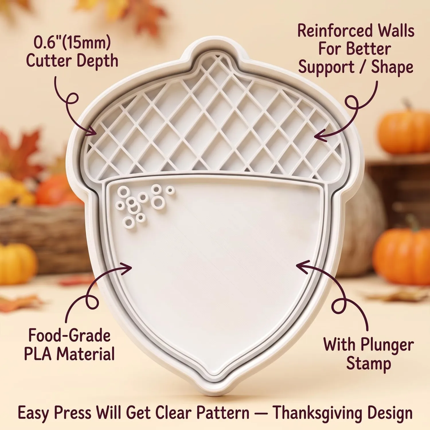 Thanksgiving Cookie Cutters Acorn Fall 3D Printed PLA Fondant Cutter with Embosser Stamp 4 Inch Autumn Harvest Holiday Baking Mold for Decorating Party Favors