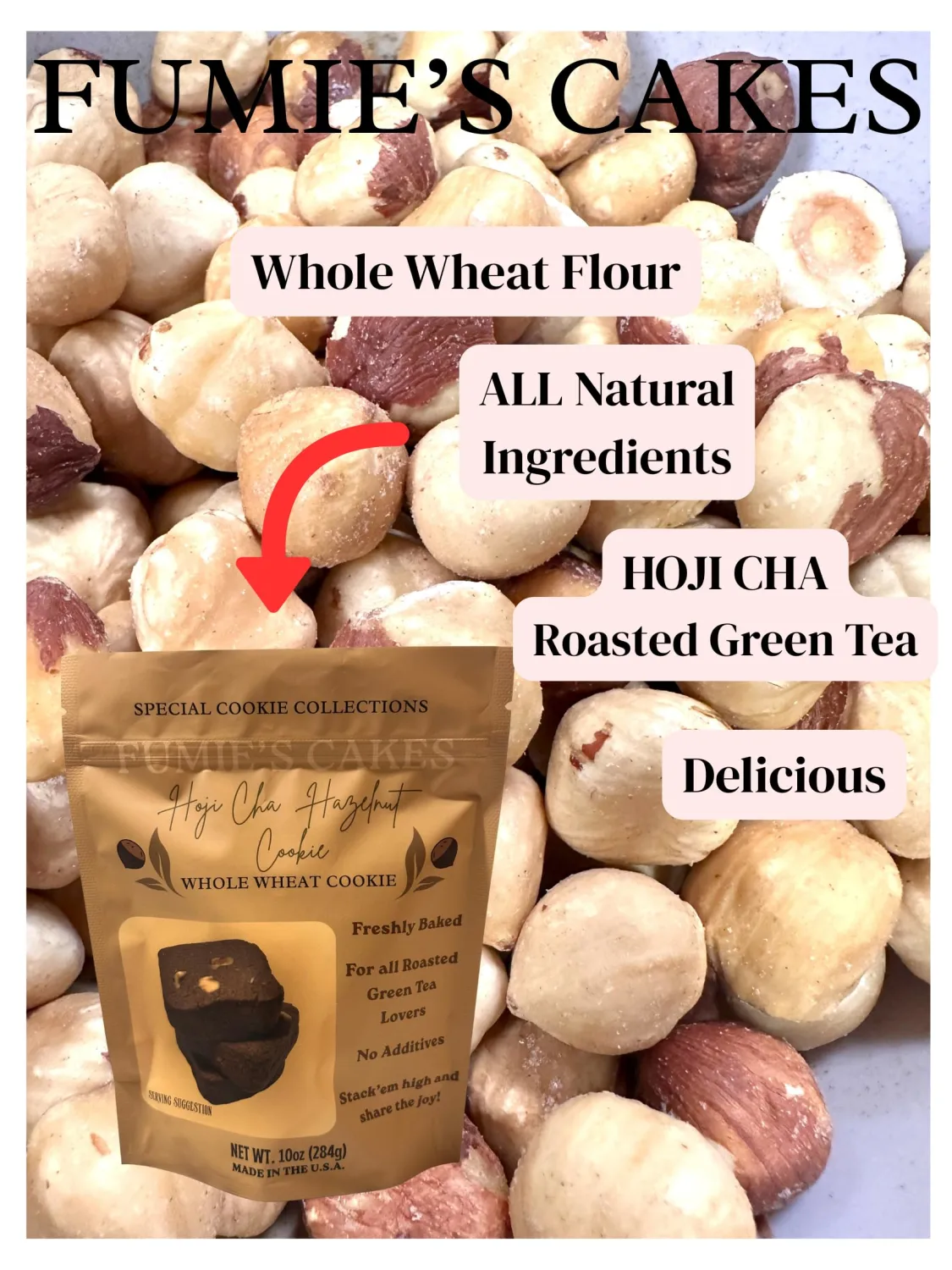Fumie's Cakes Hoji Cha Hazelnut Whole Wheat Cookie 73g,Tasting size,All natural,Japanese style cookie
