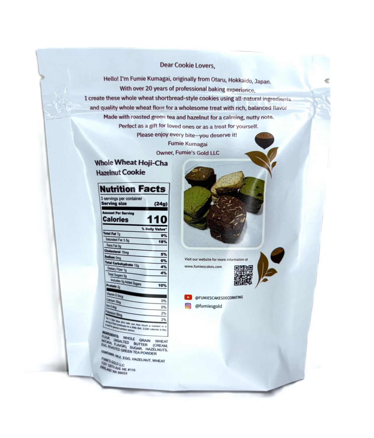 Fumie's Cakes Hoji Cha Hazelnut Whole Wheat Cookie 73g,Tasting size,All natural,Japanese style cookie