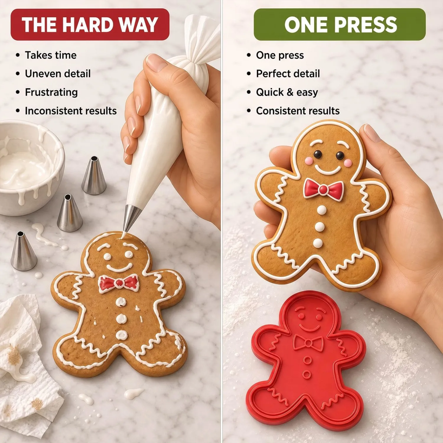 Christmas Cookie Cutters Gingerbread Man Bow Tie Shape 3D Printed PLA Fondant Cutter with Embosser Stamp 3 Inch Xmas Holiday Baking Mold for Decorating Stocking Stuffers Party Favors