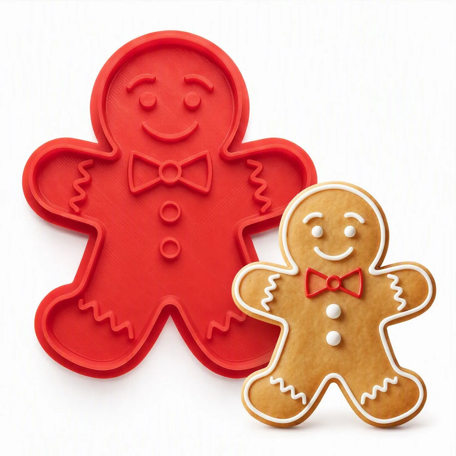 Christmas Cookie Cutters Gingerbread Man Bow Tie Shape 3D Printed PLA Fondant Cutter with Embosser Stamp 3.5 Inch Xmas Holiday Baking Mold for Decorating Stocking Stuffers Party Favors