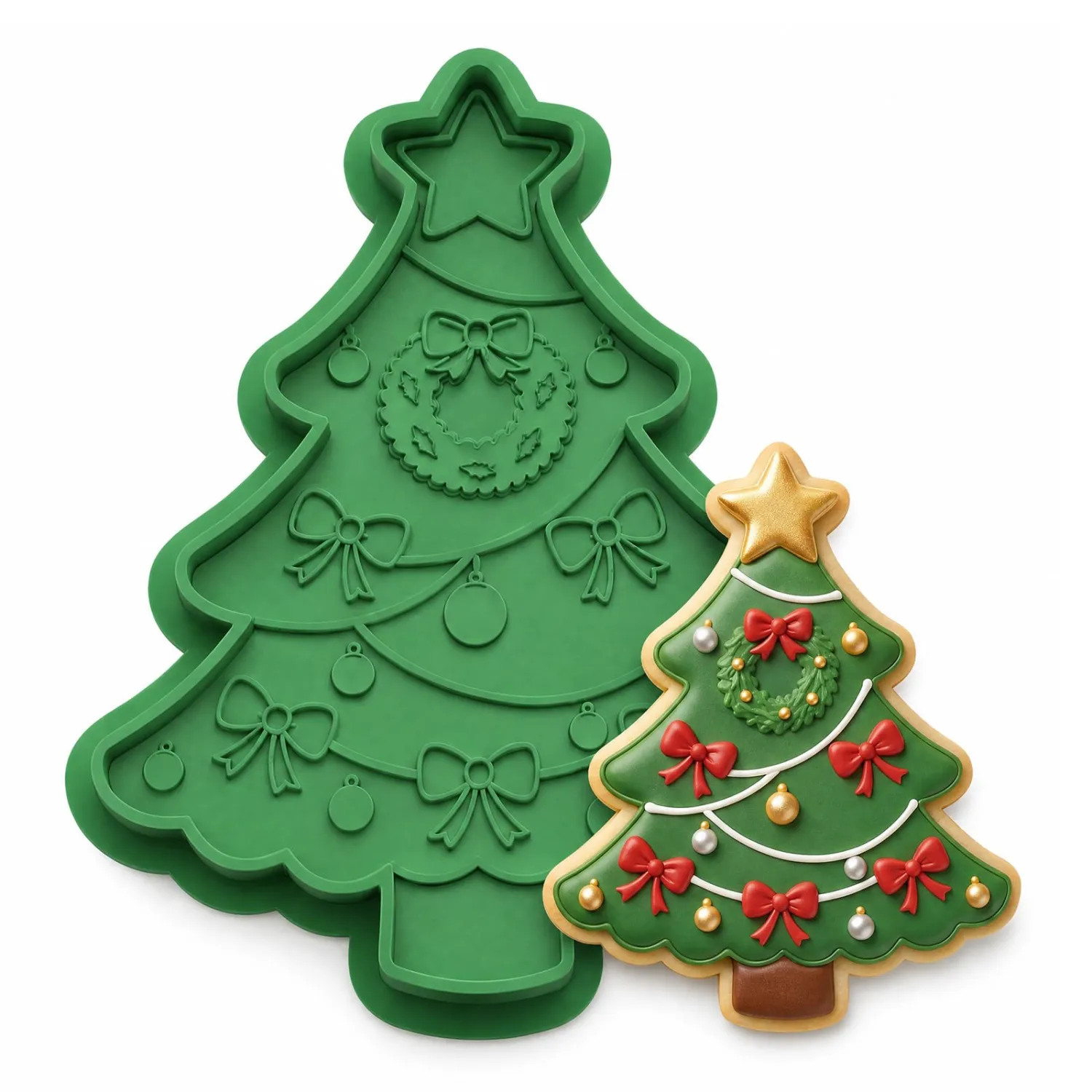 Christmas Cookie Cutters Christmas Tree Ribbon Shape 3D Printed PLA Fondant Cutter with Embosser Stamp 4 Inch Xmas Holiday Baking Mold for Decorating Stocking Stuffers Party Favors