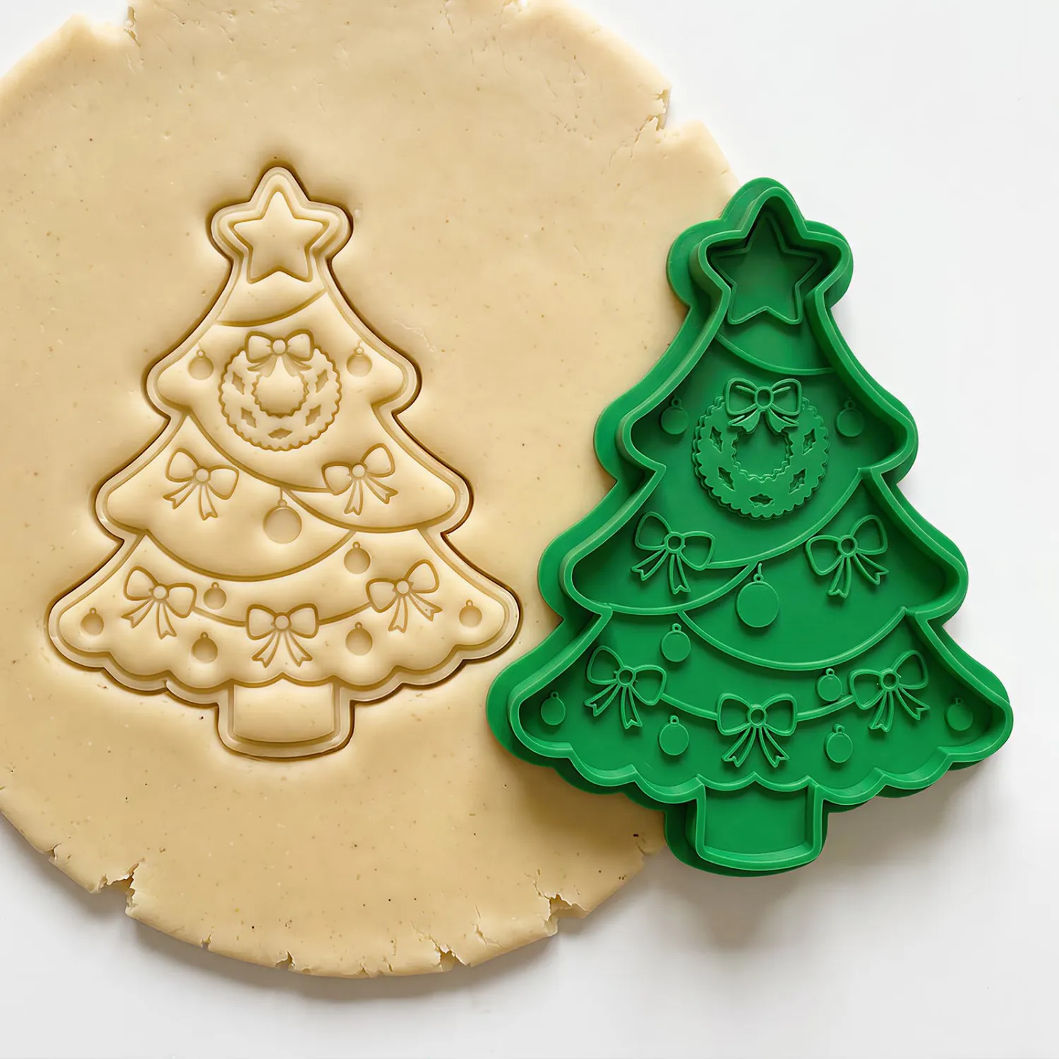 Christmas Cookie Cutters Christmas Tree Ribbon Shape 3D Printed PLA Fondant Cutter with Embosser Stamp 4 Inch Xmas Holiday Baking Mold for Decorating Stocking Stuffers Party Favors