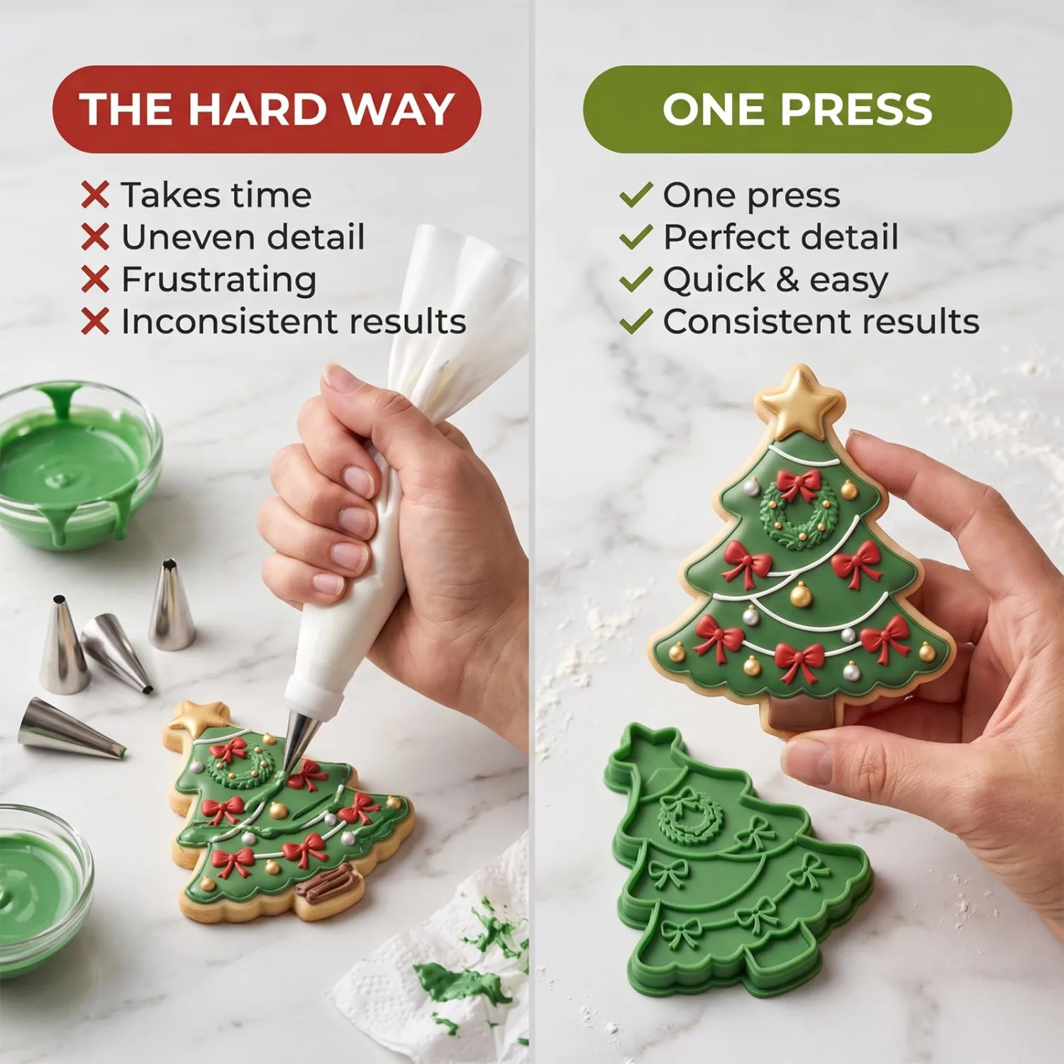 Christmas Cookie Cutters Christmas Tree Ribbon Shape 3D Printed PLA Fondant Cutter with Embosser Stamp 4 Inch Xmas Holiday Baking Mold for Decorating Stocking Stuffers Party Favors