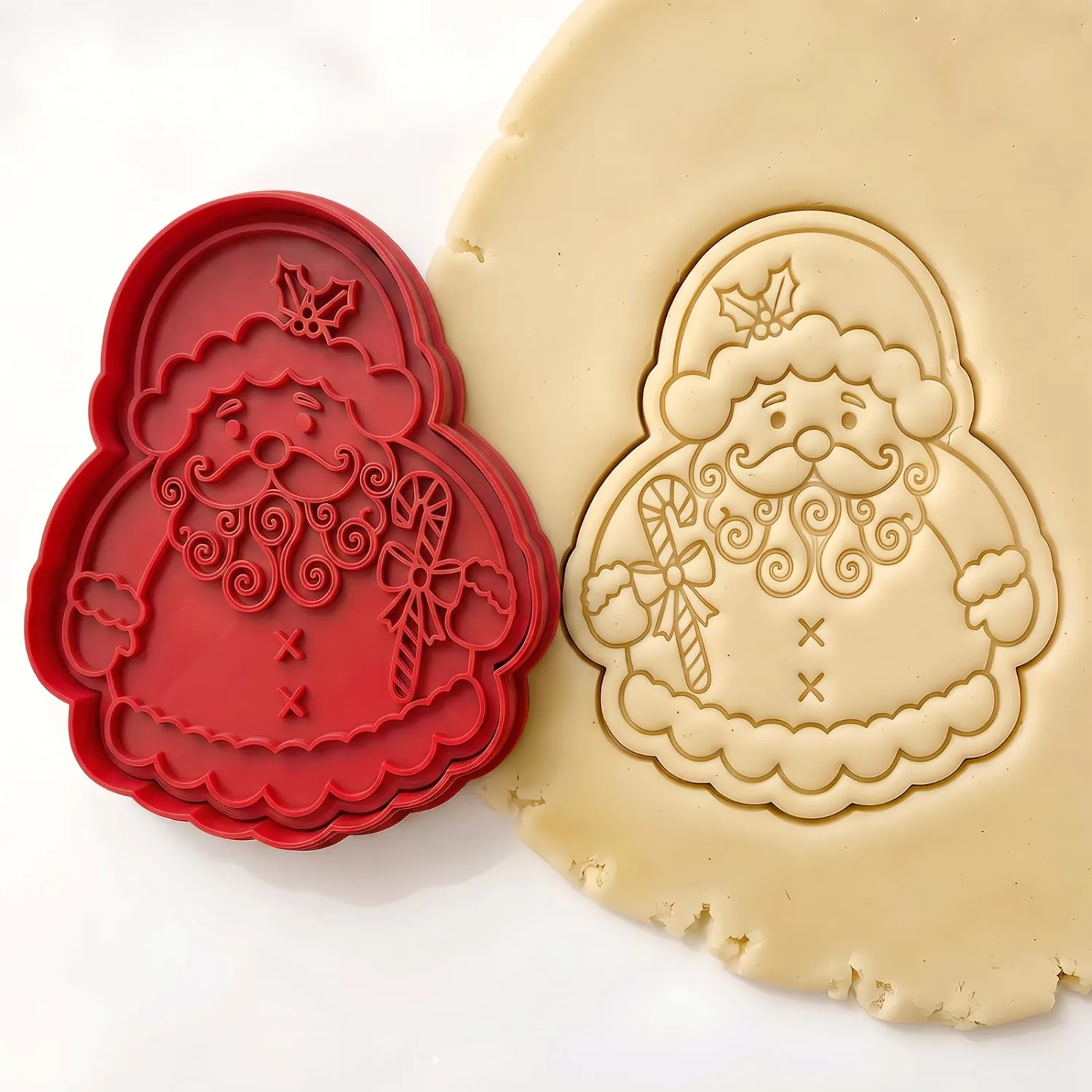 Christmas Cookie Cutters Santa Candy Cane Shape 3D Printed PLA Fondant Cutter with Embosser Stamp 3.5 Inch Xmas Holiday Baking Mold for Decorating Stocking Stuffers Party Favors