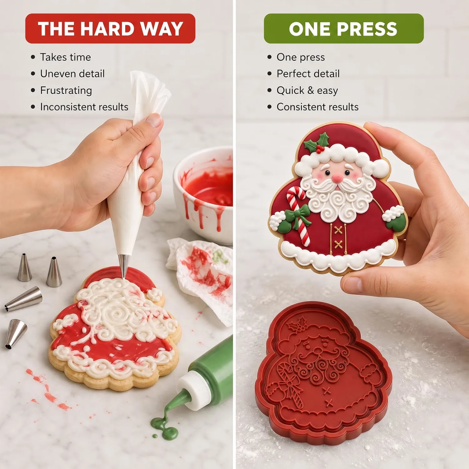 Christmas Cookie Cutters Santa Candy Cane Shape 3D Printed PLA Fondant Cutter with Embosser Stamp 3.5 Inch Xmas Holiday Baking Mold for Decorating Stocking Stuffers Party Favors