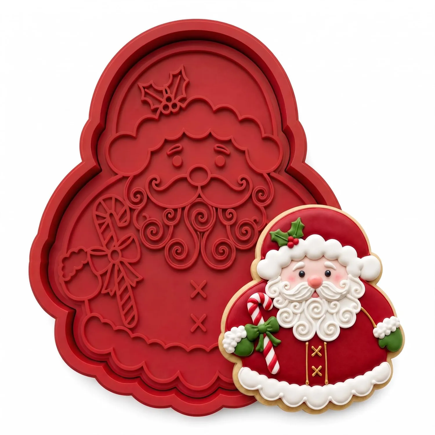 Christmas Cookie Cutters Santa Candy Cane Shape 3D Printed PLA Fondant Cutter with Embosser Stamp 3.5 Inch Xmas Holiday Baking Mold for Decorating Stocking Stuffers Party Favors