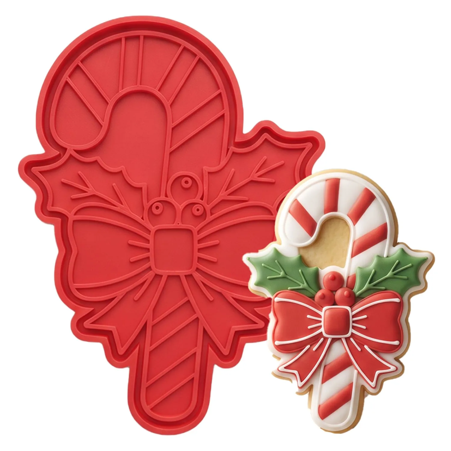Christmas Cookie Cutters Candy Cane Shape 3D Printed PLA Fondant Cutter with Embosser Stamp 3 Inch Xmas Holiday Baking Mold for Decorating Stocking Stuffers Party Favors