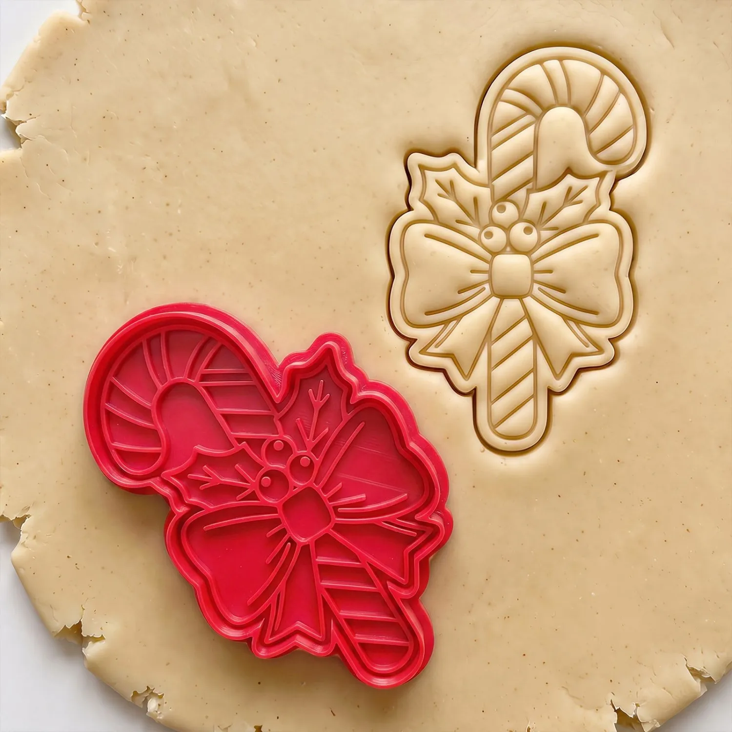 Christmas Cookie Cutters Candy Cane Shape 3D Printed PLA Fondant Cutter with Embosser Stamp 3.5 Inch Xmas Holiday Baking Mold for Decorating Stocking Stuffers Party Favors
