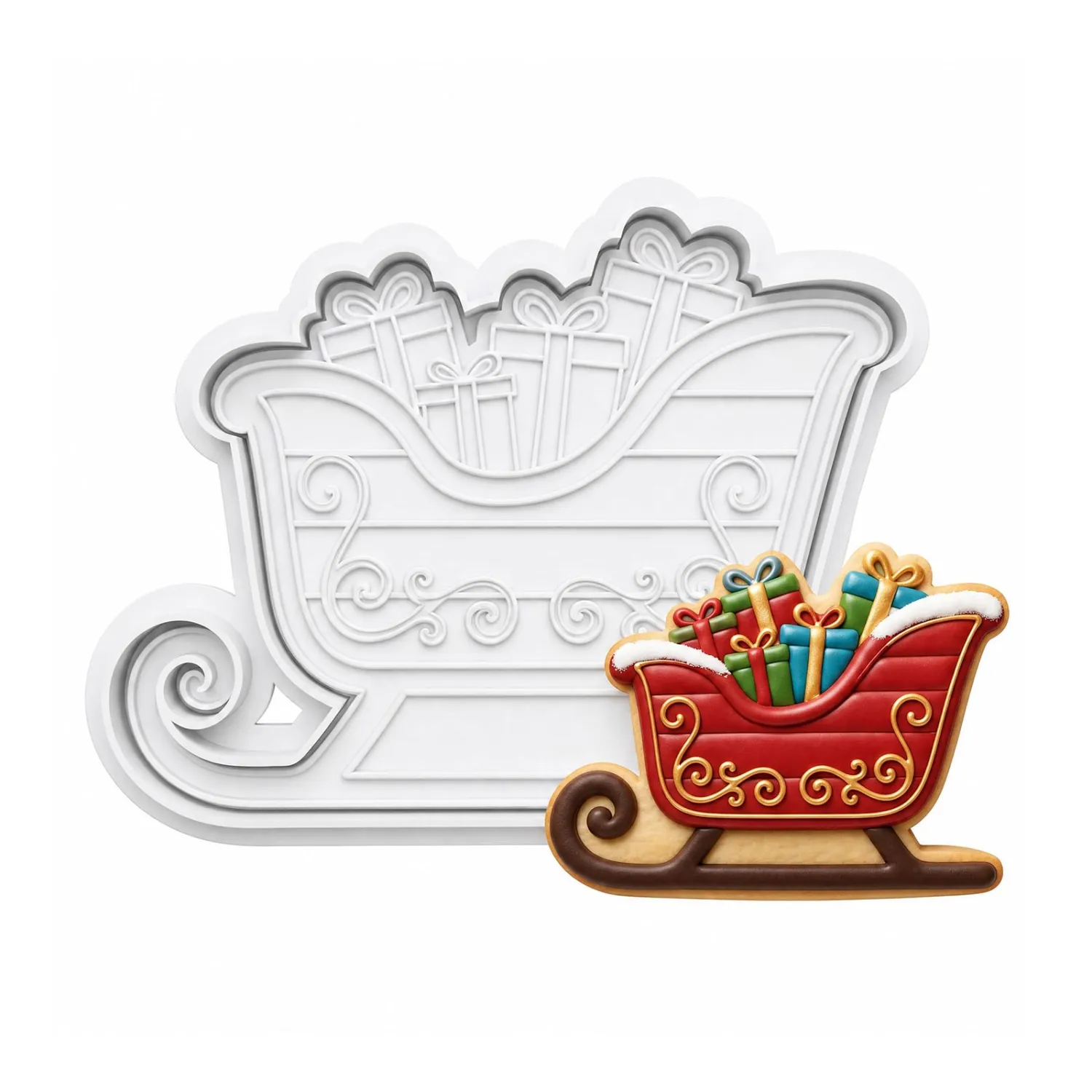 Christmas Sleigh Cookie Cutter and Embosser Set 3" Winter Raised Scroll Detail
