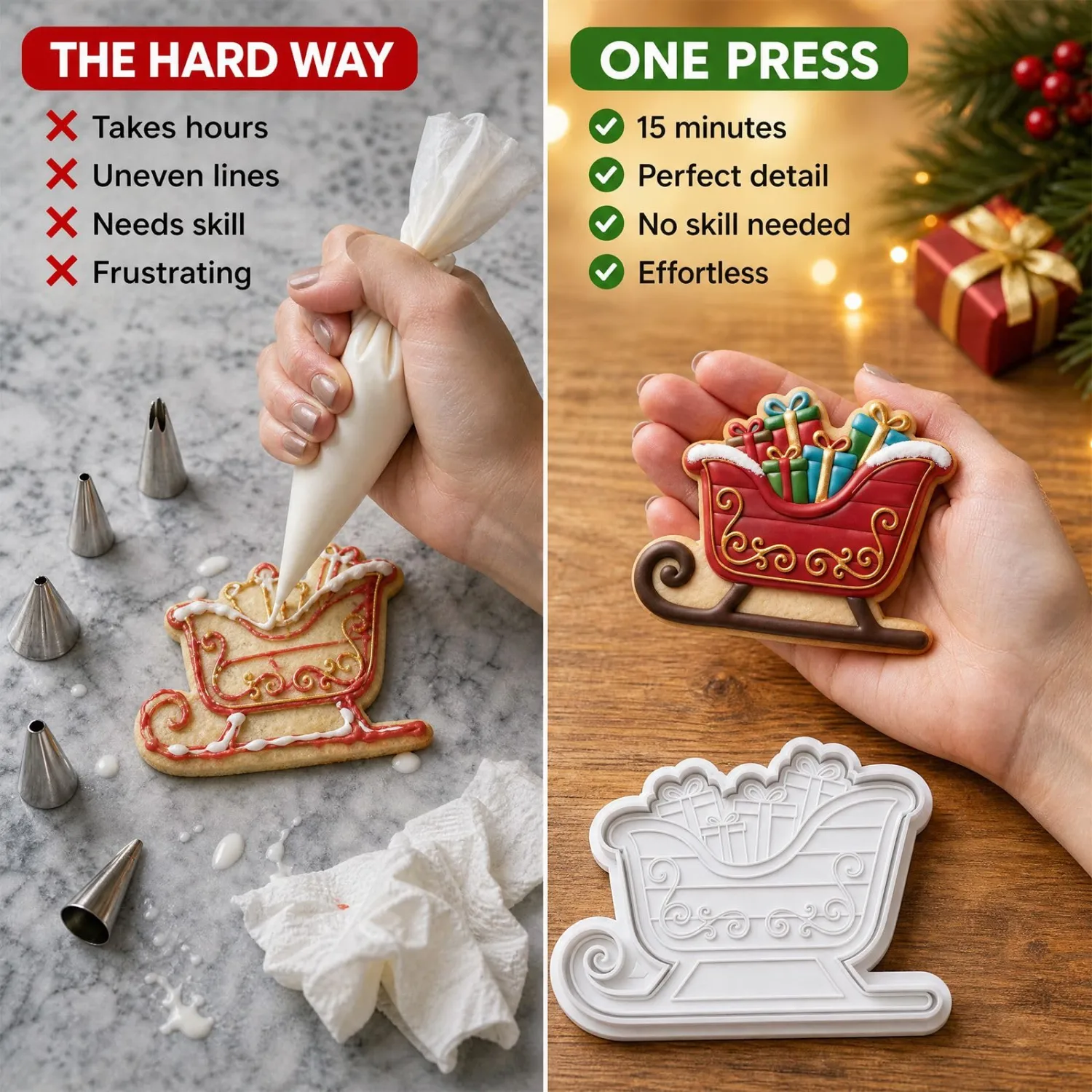 Christmas Sleigh Cookie Cutter and Embosser Set 3" Winter Raised Scroll Detail