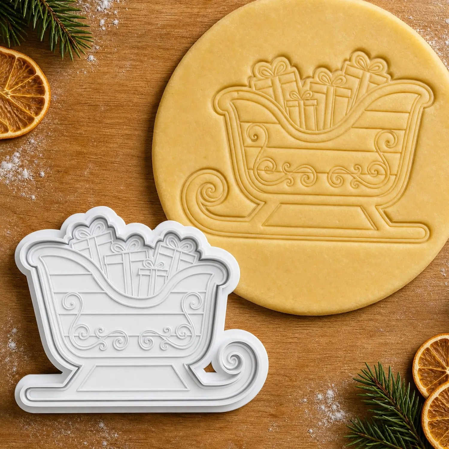 Christmas Sleigh Cookie Cutter and Embosser Set 3" Winter Raised Scroll Detail