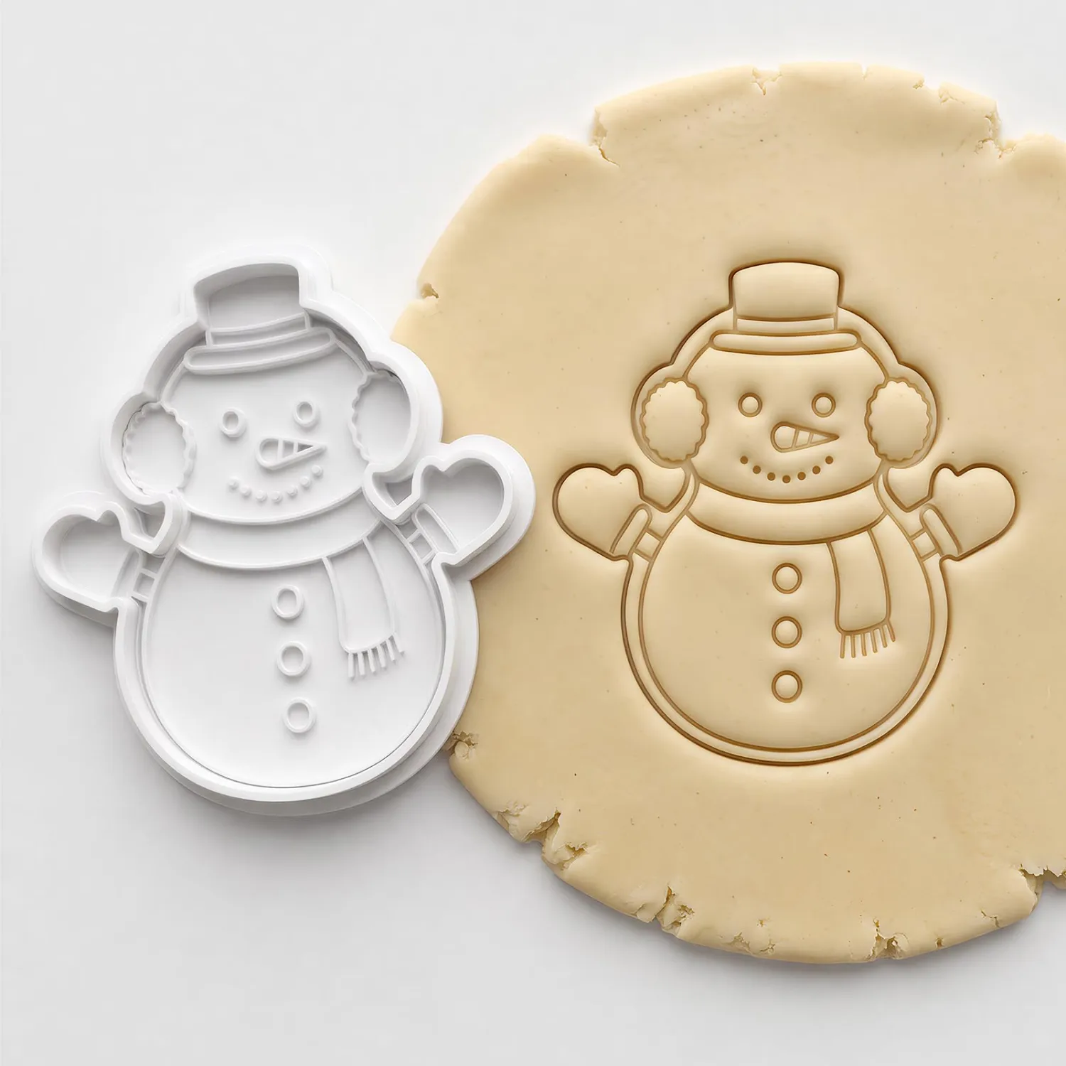 Christmas Cookie Cutters Snowman Earmuffs Shape 3D Printed PLA Fondant Cutter with Embosser Stamp 3.5 Inch Xmas Holiday Baking Mold for Decorating Stocking Stuffers Party Favors