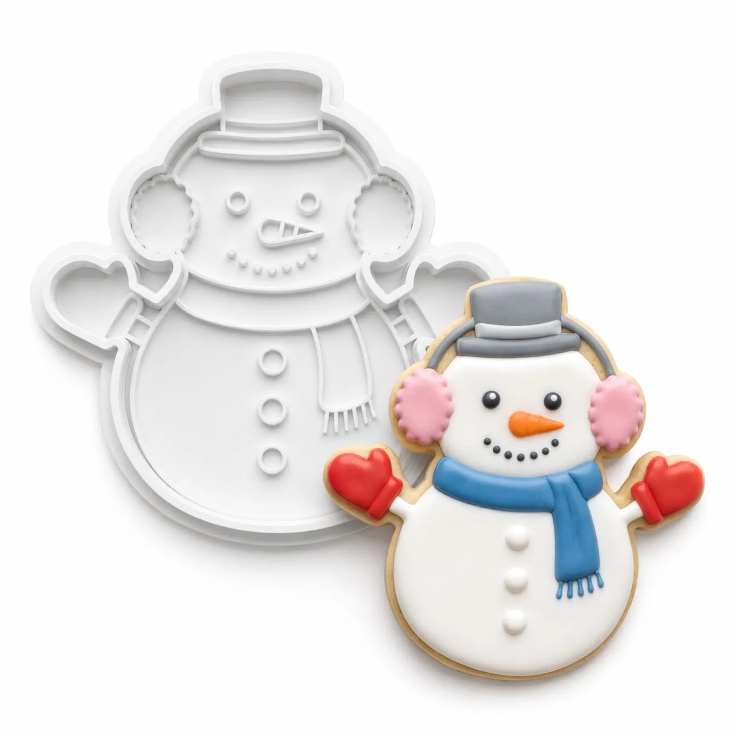 Christmas Cookie Cutters Snowman Earmuffs Shape 3D Printed PLA Fondant Cutter with Embosser Stamp 3.5 Inch Xmas Holiday Baking Mold for Decorating Stocking Stuffers Party Favors