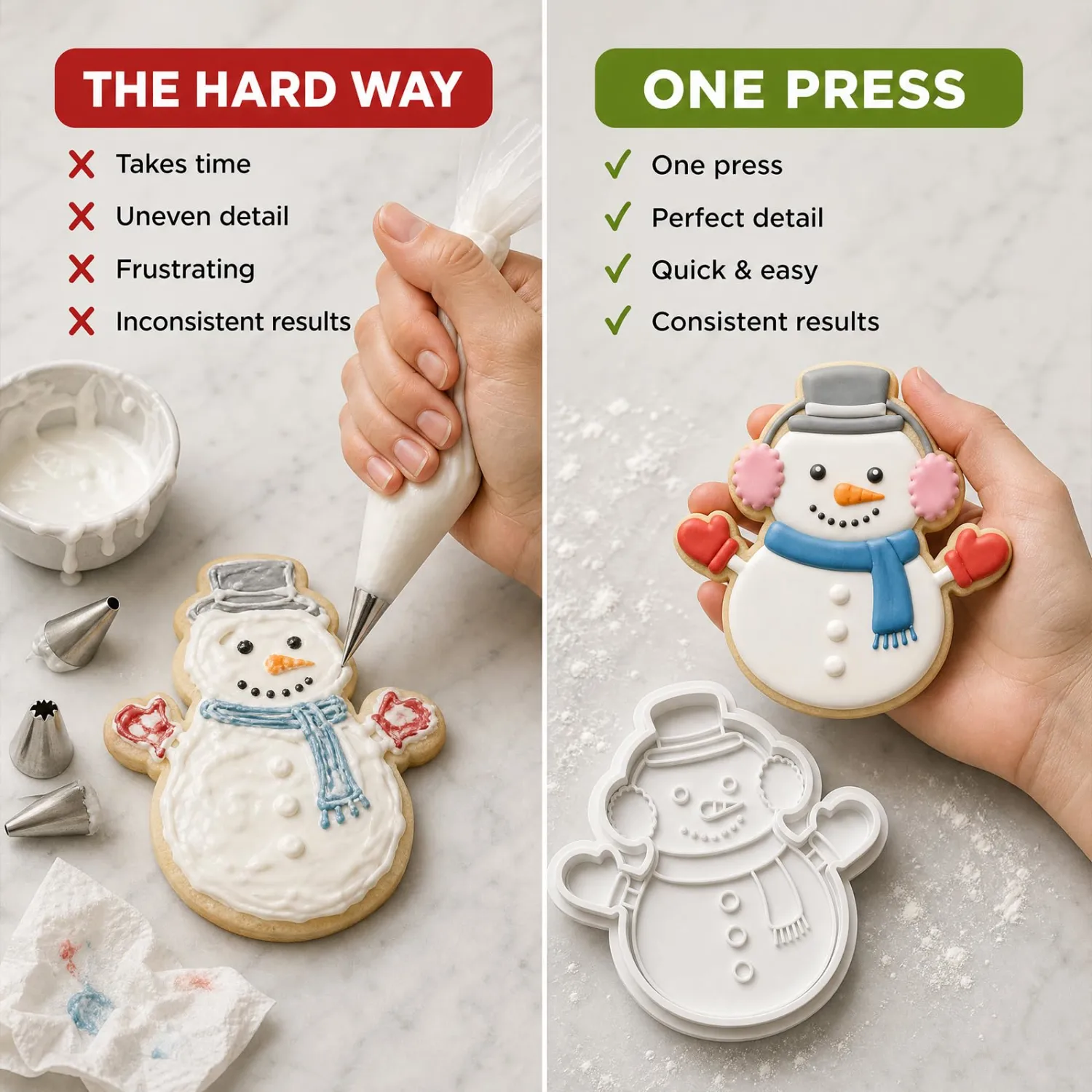 Christmas Cookie Cutters Snowman Earmuffs Shape 3D Printed PLA Fondant Cutter with Embosser Stamp 3.5 Inch Xmas Holiday Baking Mold for Decorating Stocking Stuffers Party Favors