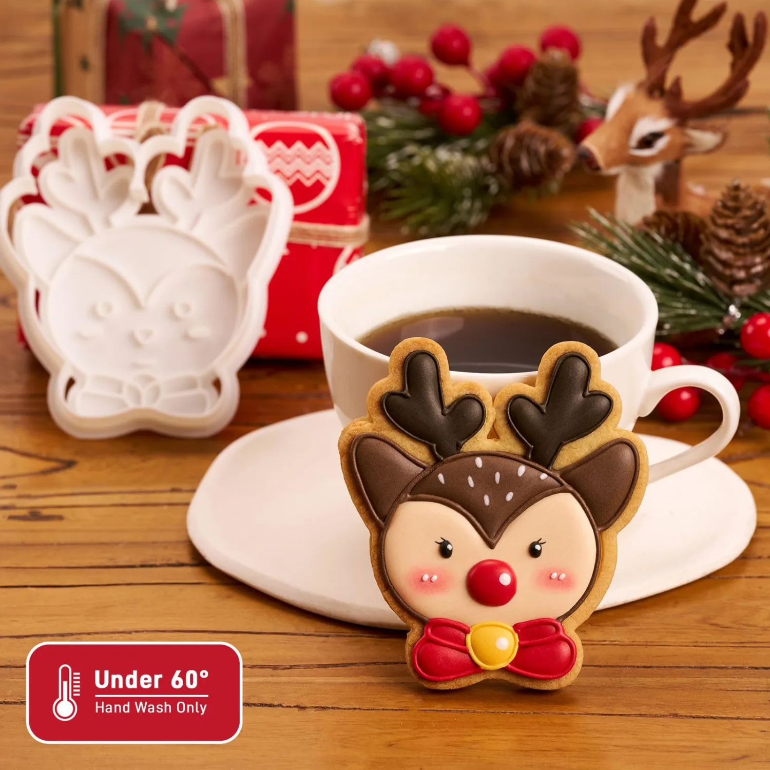 Christmas Gentle Reindeer Cookie Cutter and Embosser Set Detail 3" Baking Mold