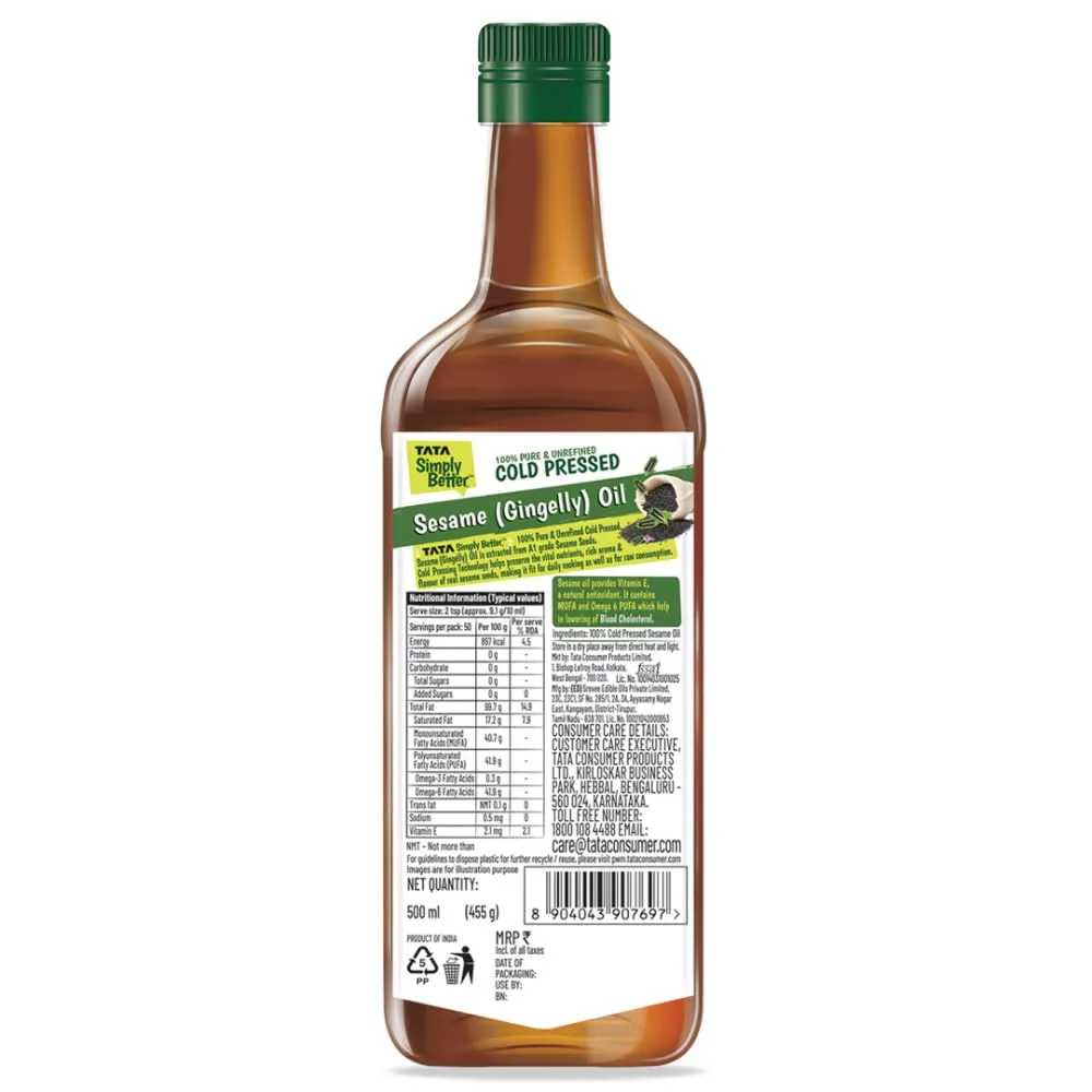 Tata Simply Better Pure & Unrefined Cold Pressed Sesame(Gingelly)Oil, Naturally Cholesterol Free,500ml, Sesame Oil with Rich Aroma & Flavour of Real Sesame Seeds, For Daily Cooking with Multipurpose Usage