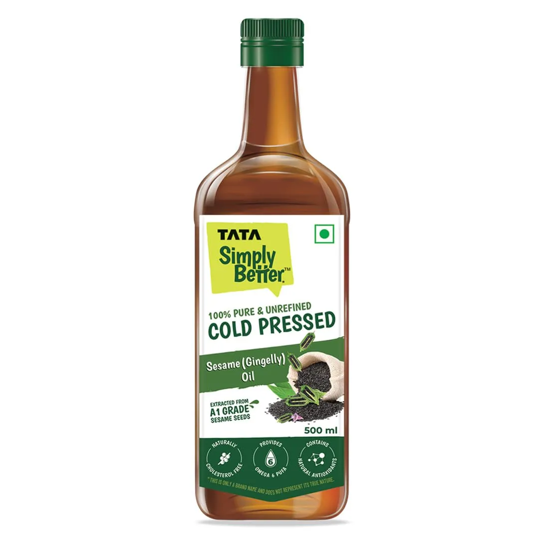 Tata Simply Better Pure & Unrefined Cold Pressed Sesame(Gingelly)Oil, Naturally Cholesterol Free,500ml, Sesame Oil with Rich Aroma & Flavour of Real Sesame Seeds, For Daily Cooking with Multipurpose Usage