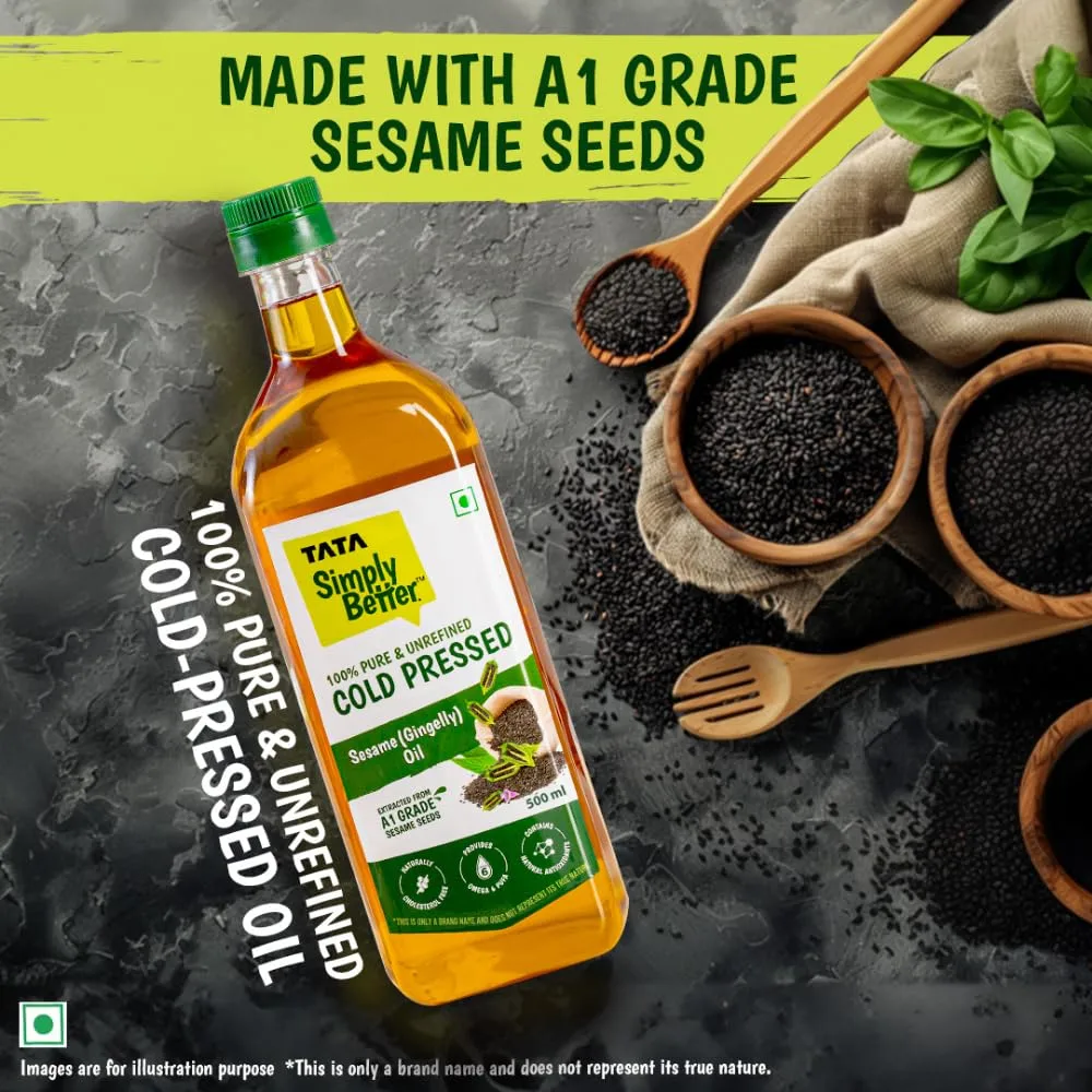 Tata Simply Better Pure & Unrefined Cold Pressed Sesame(Gingelly)Oil, Naturally Cholesterol Free,500ml, Sesame Oil with Rich Aroma & Flavour of Real Sesame Seeds, For Daily Cooking with Multipurpose Usage